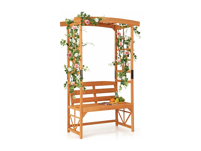 Rozenboog met bank, houten boog voor klimplanten, 2-zits tuinbank met klimhulp, zitbank met rankrooster, klimboog voor tuin, 120 x 58 x 189 cm ZB33820