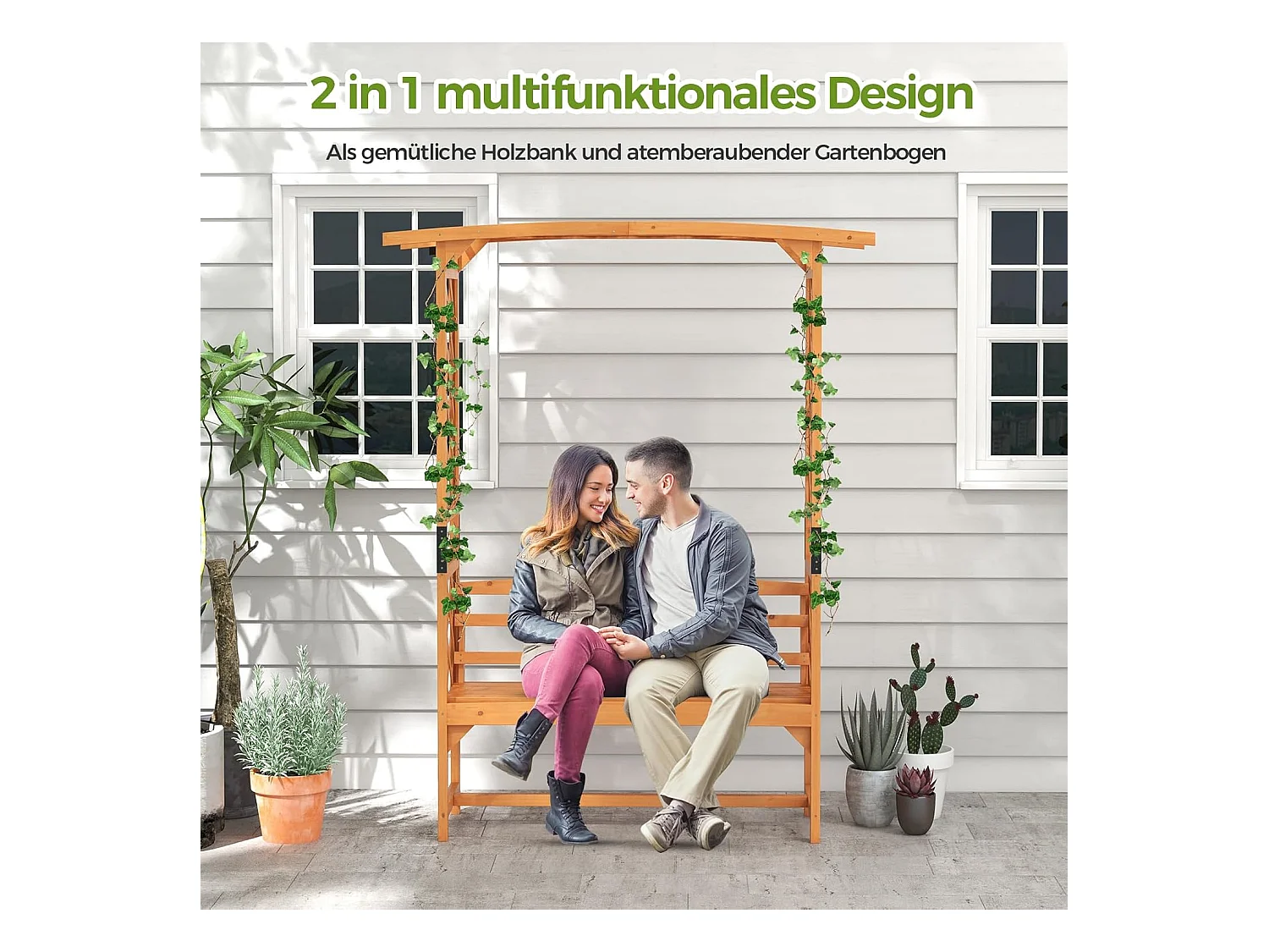 Rozenboog met bank, houten boog voor klimplanten, 2-zits tuinbank met klimhulp, zitbank met rankrooster, klimboog voor tuin, 160 x 50 x 199 cm ZB33821