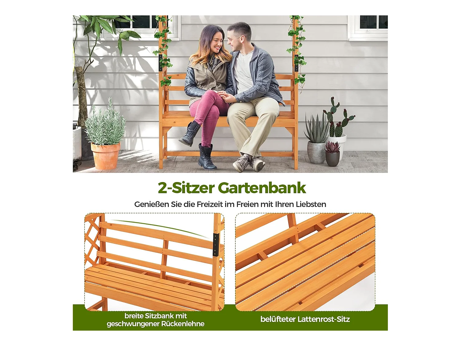 Rozenboog met bank, houten boog voor klimplanten, 2-zits tuinbank met klimhulp, zitbank met rankrooster, klimboog voor tuin, 160 x 50 x 199 cm ZB33821