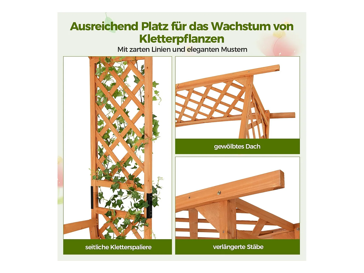 Rozenboog met bank, houten boog voor klimplanten, 2-zits tuinbank met klimhulp, zitbank met rankrooster, klimboog voor tuin, 160 x 50 x 199 cm ZB33821