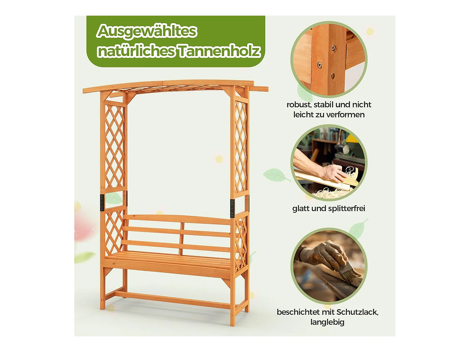 Rozenboog met bank, houten boog voor klimplanten, 2-zits tuinbank met klimhulp, zitbank met rankrooster, klimboog voor tuin, 160 x 50 x 199 cm ZB33821