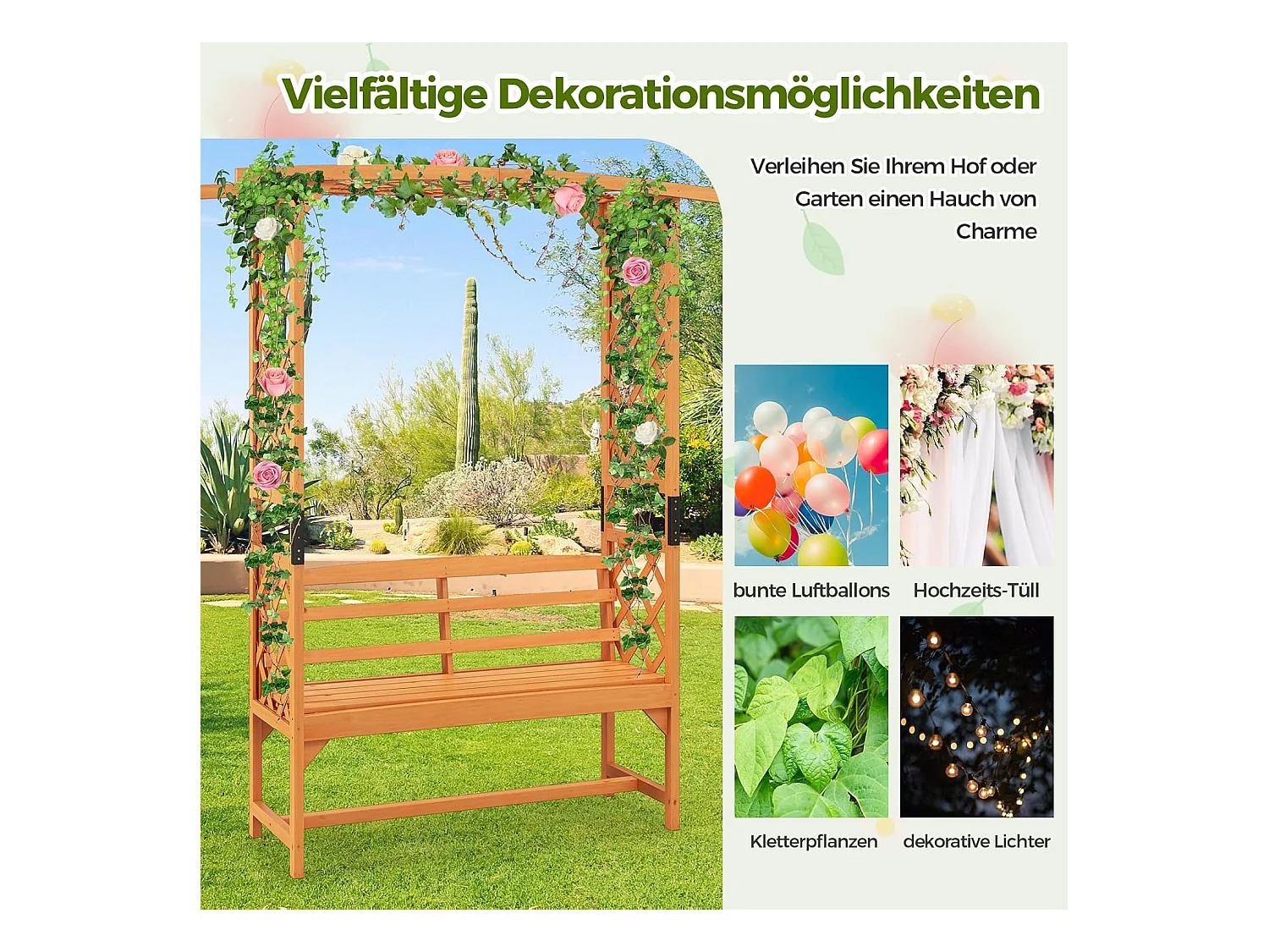 Rozenboog met bank, houten boog voor klimplanten, 2-zits tuinbank met klimhulp, zitbank met rankrooster, klimboog voor tuin, 160 x 50 x 199 cm ZB33821