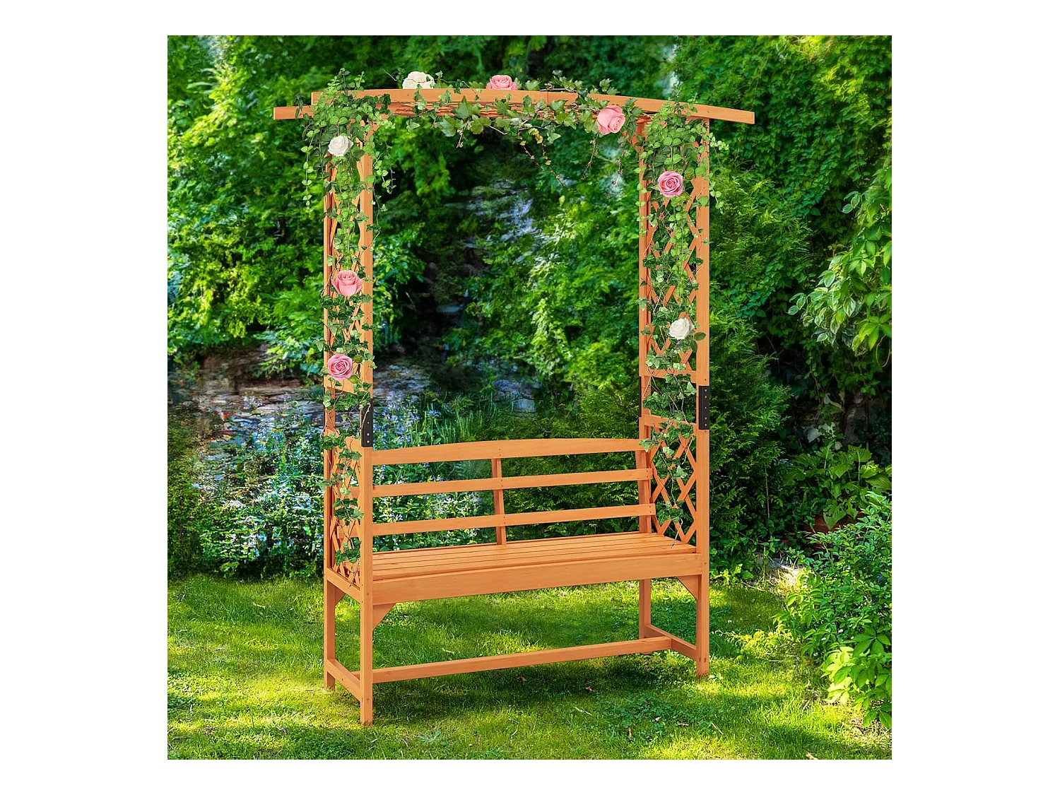 Rozenboog met bank, houten boog voor klimplanten, 2-zits tuinbank met klimhulp, zitbank met rankrooster, klimboog voor tuin, 160 x 50 x 199 cm ZB33821
