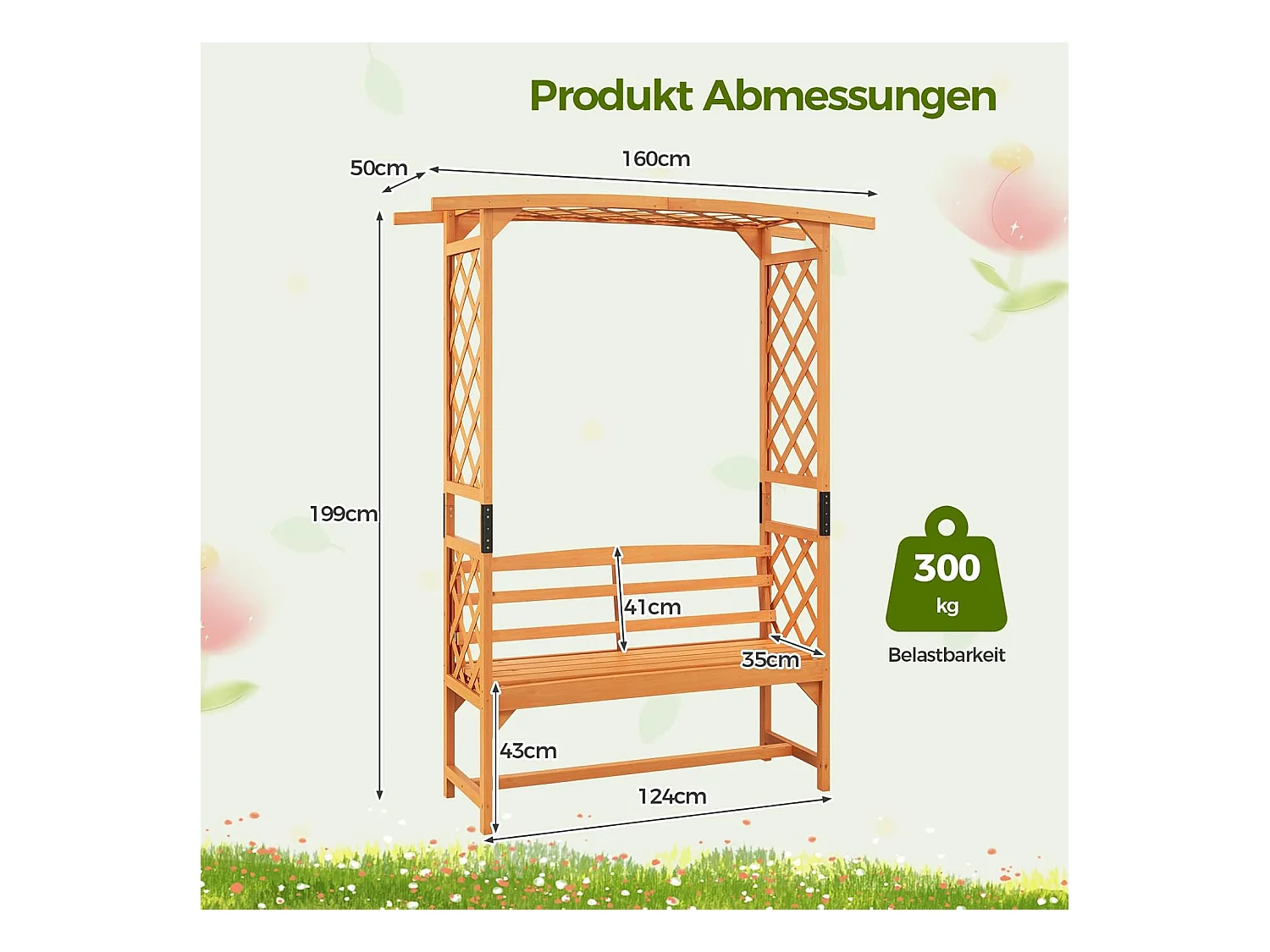 Rozenboog met bank, houten boog voor klimplanten, 2-zits tuinbank met klimhulp, zitbank met rankrooster, klimboog voor tuin, 160 x 50 x 199 cm ZB33821