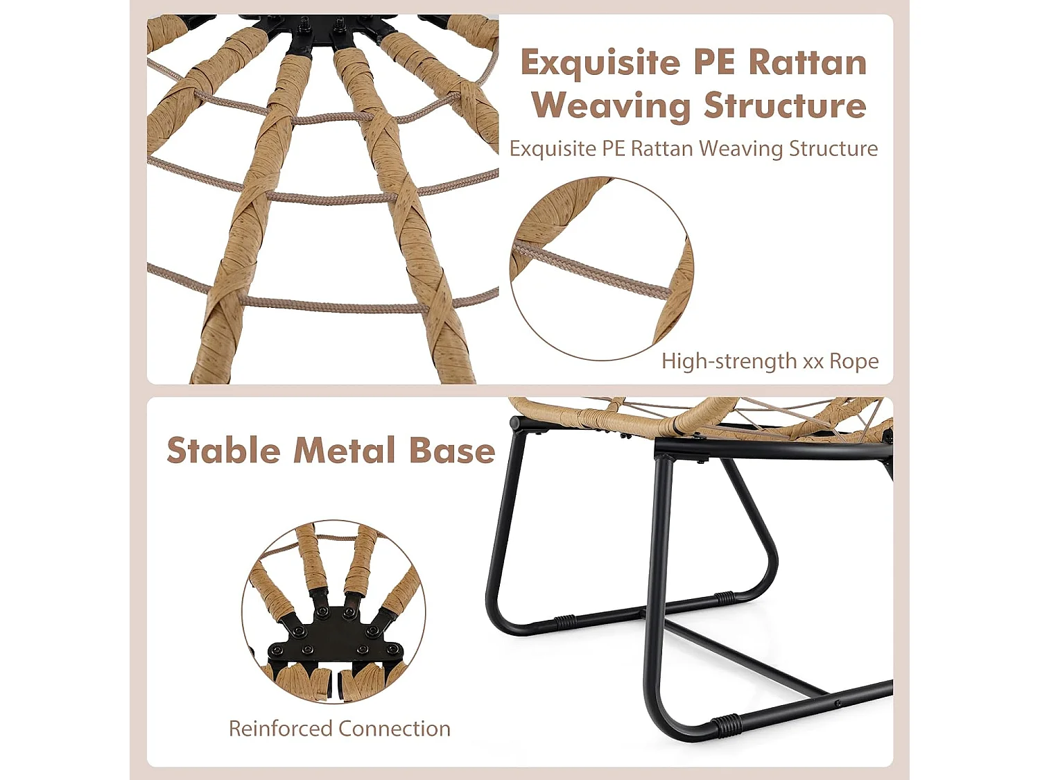 Rieten stoel, rotan, oversized loungestoel met afneembaar kussen en metalen frame, tuinstoel, rotanstoel voor balkon, tuin, terras, woonkamer (beige)ZB33604