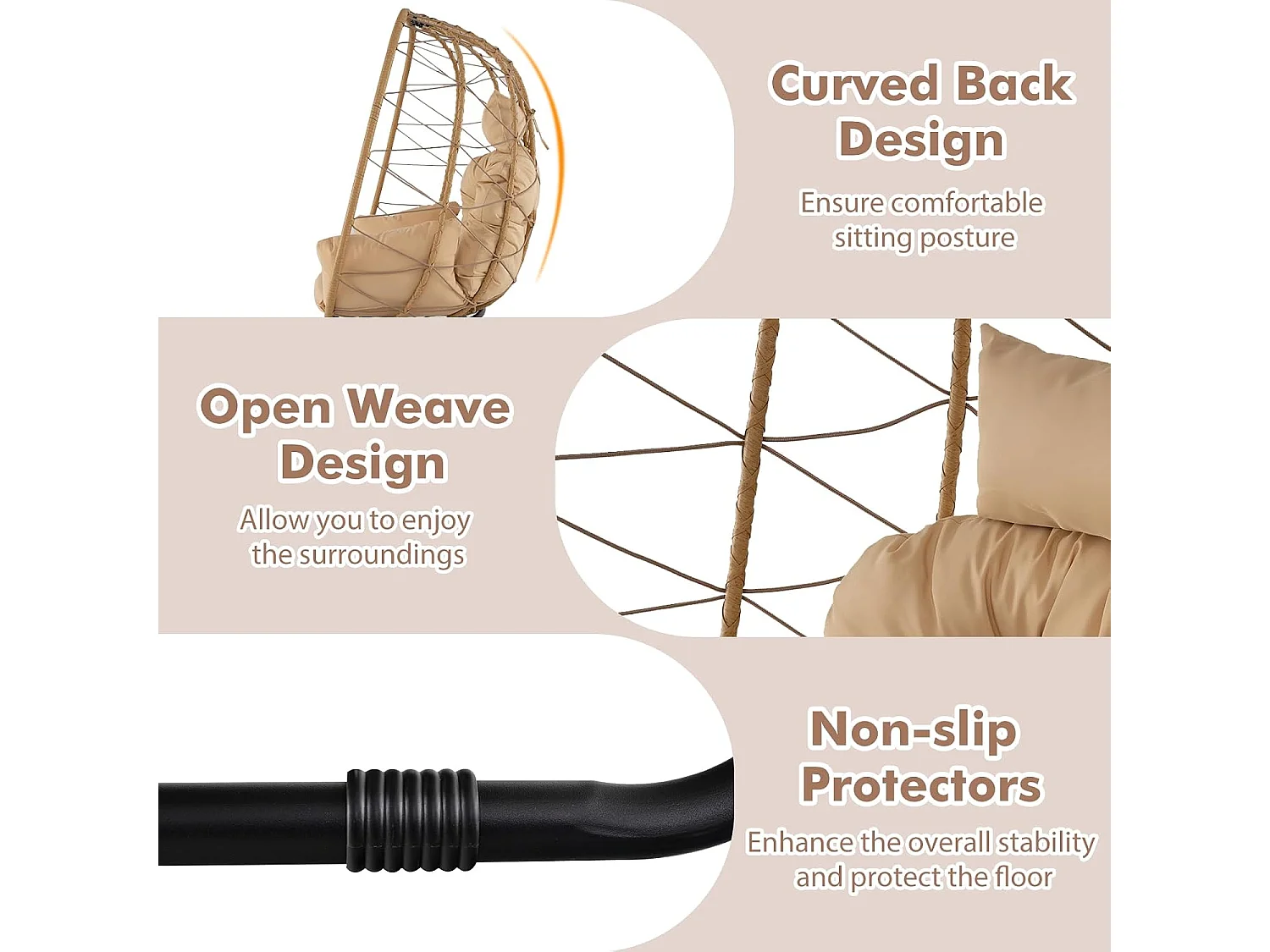 Rieten stoel, rotan, oversized loungestoel met afneembaar kussen en metalen frame, tuinstoel, rotanstoel voor balkon, tuin, terras, woonkamer (beige)ZB33604