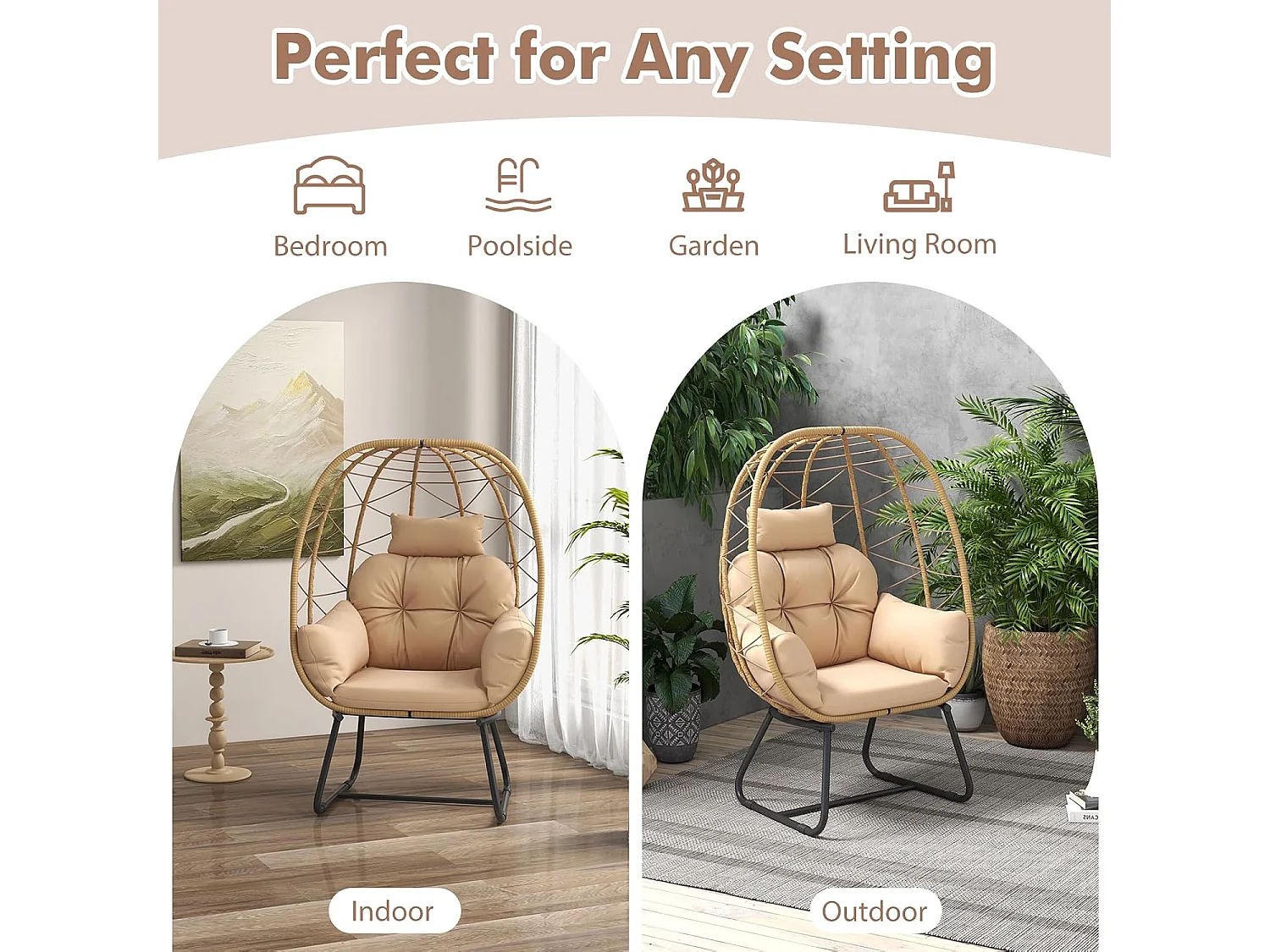 Rieten stoel, rotan, oversized loungestoel met afneembaar kussen en metalen frame, tuinstoel, rotanstoel voor balkon, tuin, terras, woonkamer (beige)ZB33604