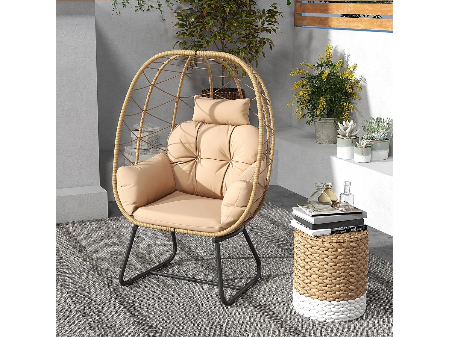 Rieten stoel, rotan, oversized loungestoel met afneembaar kussen en metalen frame, tuinstoel, rotanstoel voor balkon, tuin, terras, woonkamer (beige)ZB33604