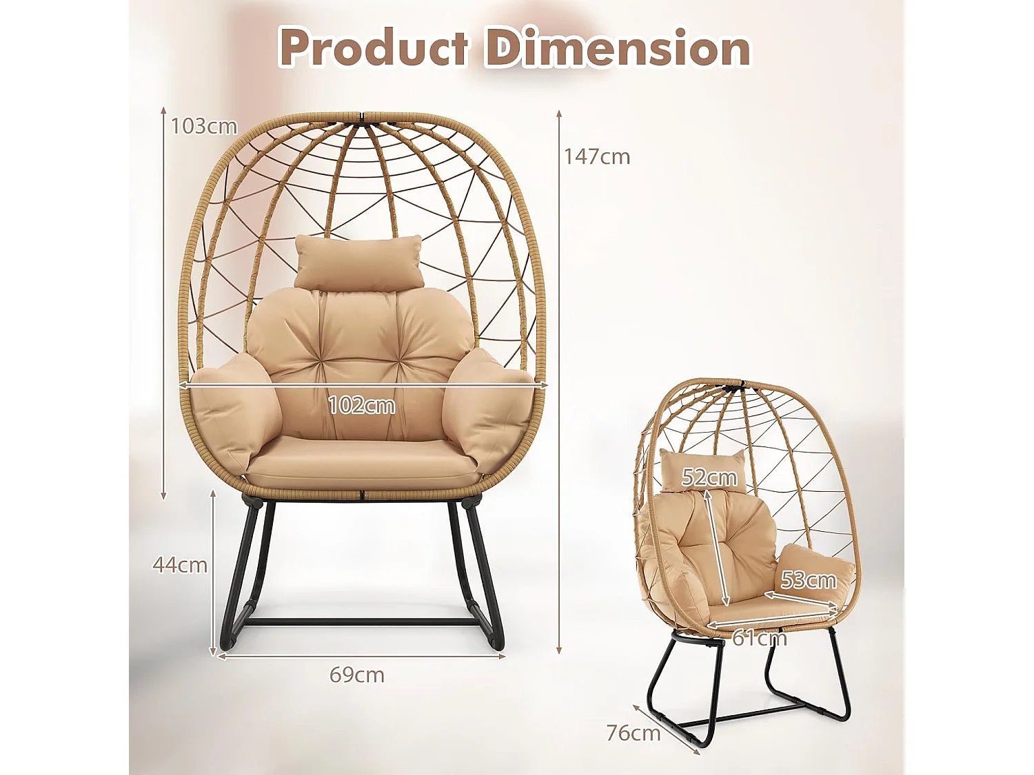 Rieten stoel, rotan, oversized loungestoel met afneembaar kussen en metalen frame, tuinstoel, rotanstoel voor balkon, tuin, terras, woonkamer (beige)ZB33604