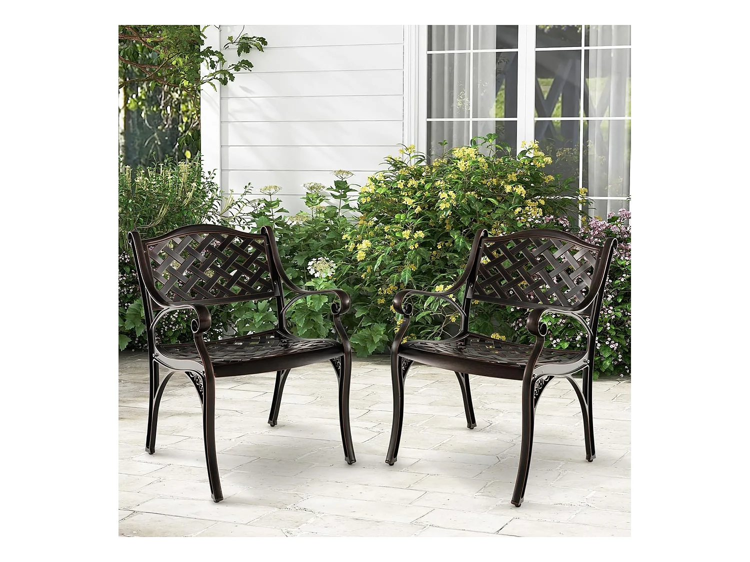 Set van 2 tuinstoelen van gegoten aluminium, weerbestendige terrasstoelen met armleuningen, balkonstoelen voor tuin, balkon, achtertuin ZB33680