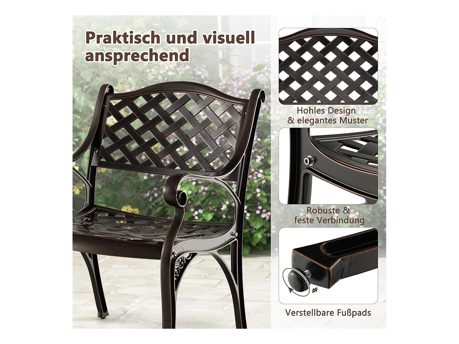 Set van 2 tuinstoelen van gegoten aluminium, weerbestendige terrasstoelen met armleuningen, balkonstoelen voor tuin, balkon, achtertuin ZB33680