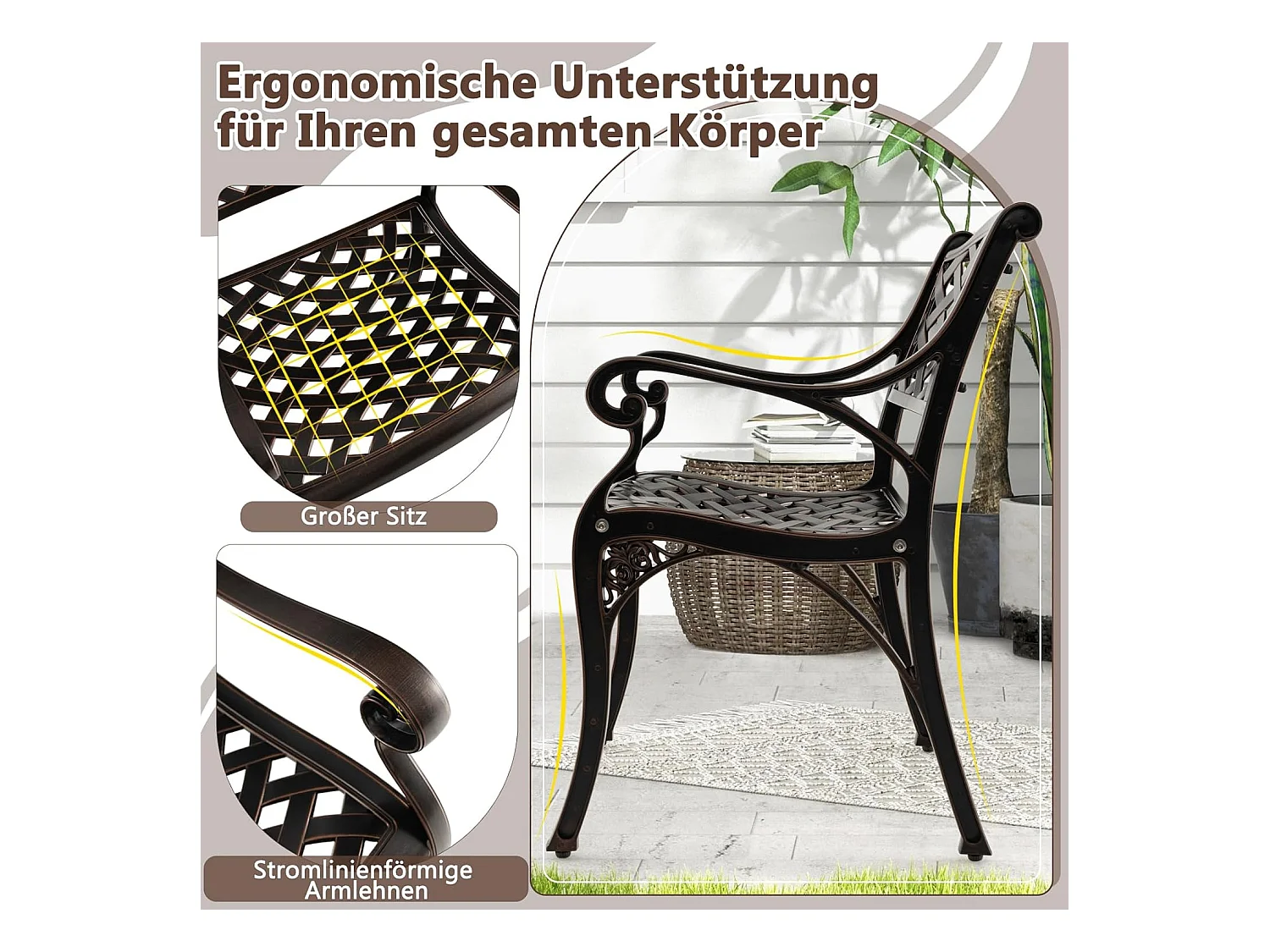 Set van 2 tuinstoelen van gegoten aluminium, weerbestendige terrasstoelen met armleuningen, balkonstoelen voor tuin, balkon, achtertuin ZB33680