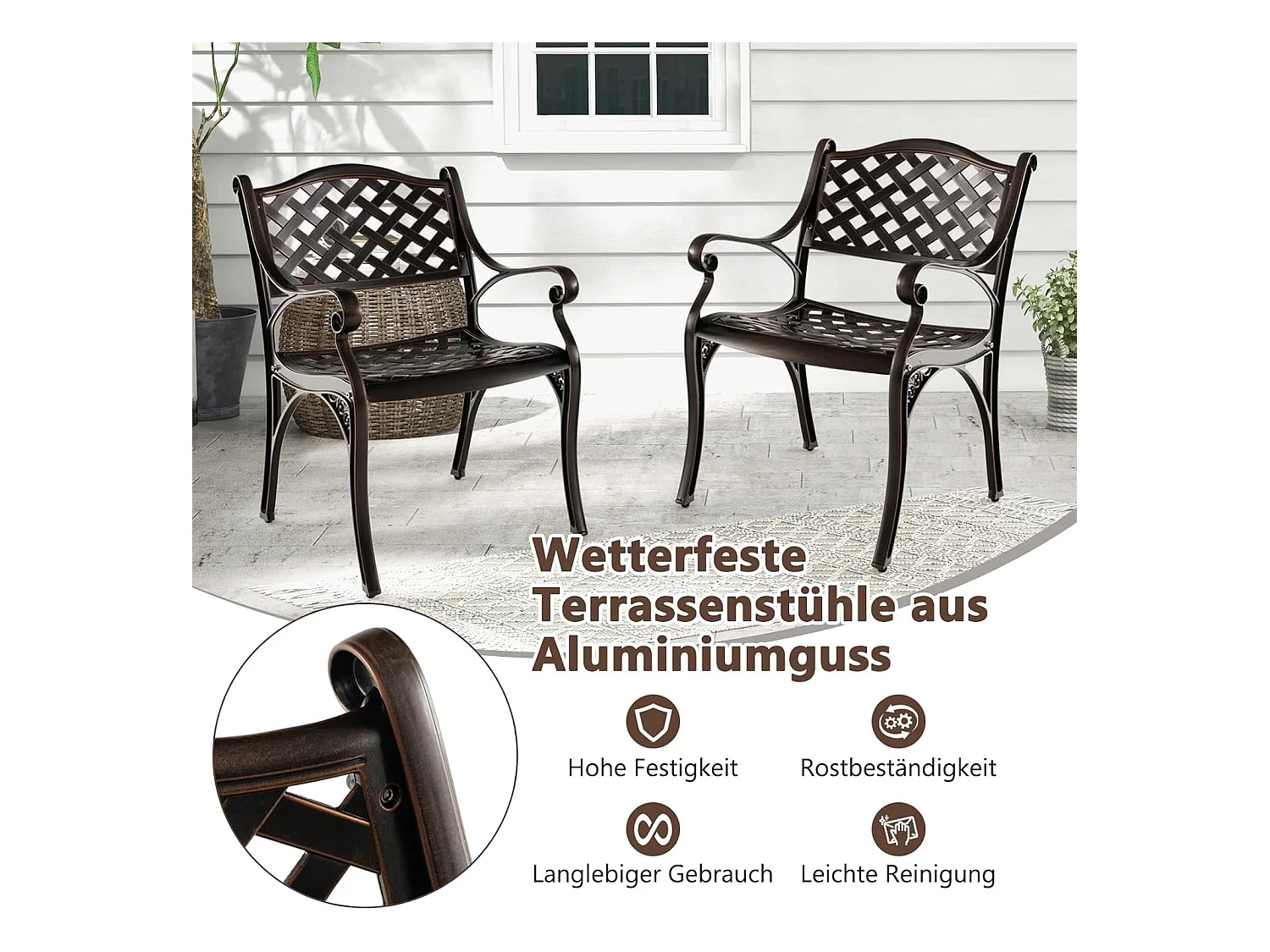 Set van 2 tuinstoelen van gegoten aluminium, weerbestendige terrasstoelen met armleuningen, balkonstoelen voor tuin, balkon, achtertuin ZB33680