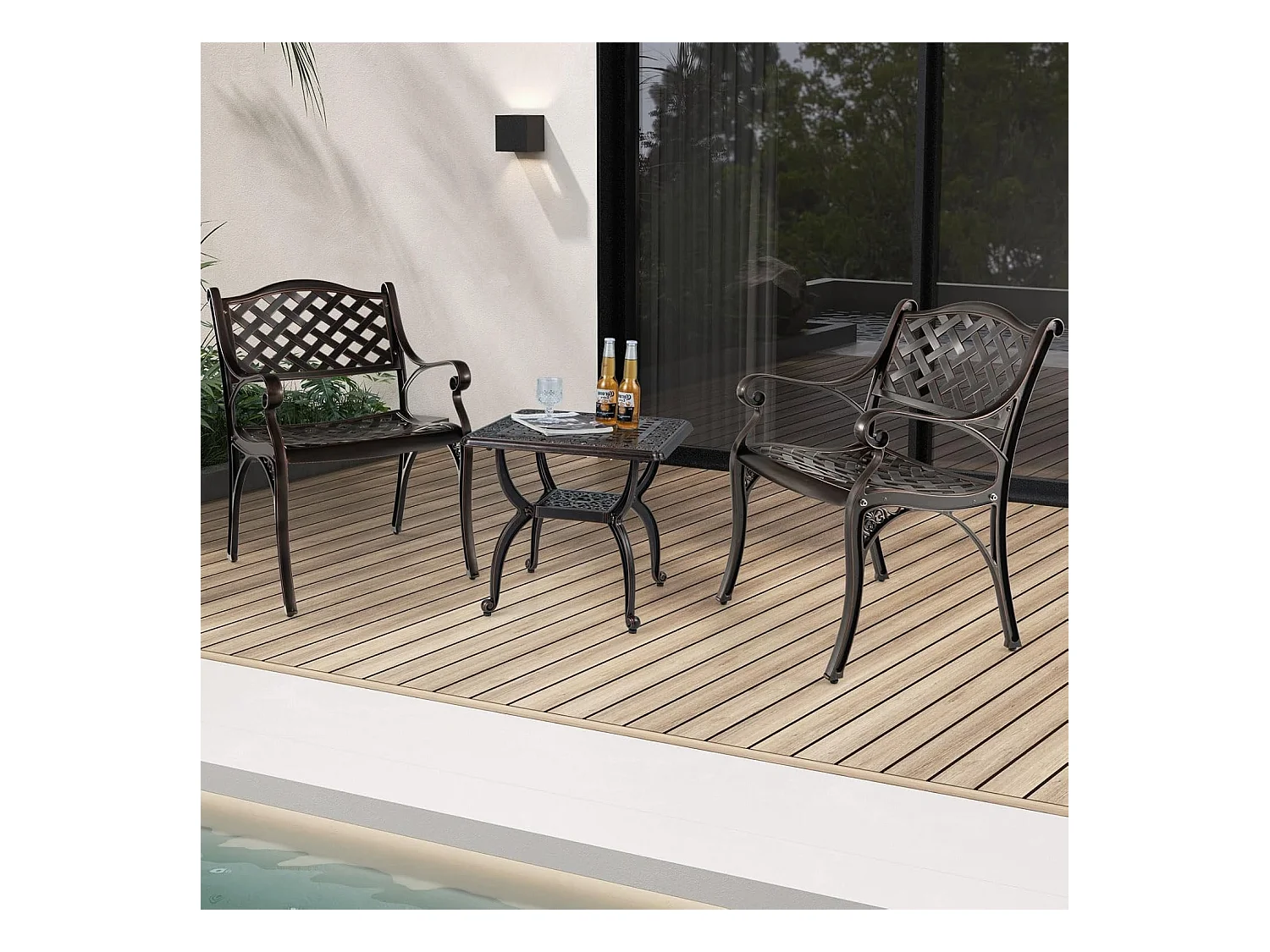 Set van 2 tuinstoelen van gegoten aluminium, weerbestendige terrasstoelen met armleuningen, balkonstoelen voor tuin, balkon, achtertuin ZB33680