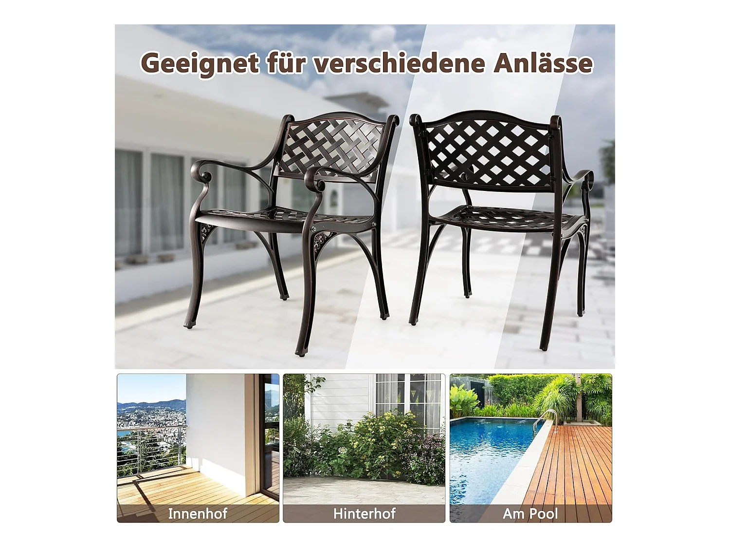 Set van 2 tuinstoelen van gegoten aluminium, weerbestendige terrasstoelen met armleuningen, balkonstoelen voor tuin, balkon, achtertuin ZB33680