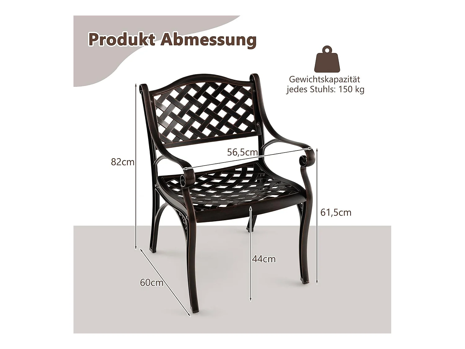 Set van 2 tuinstoelen van gegoten aluminium, weerbestendige terrasstoelen met armleuningen, balkonstoelen voor tuin, balkon, achtertuin ZB33680
