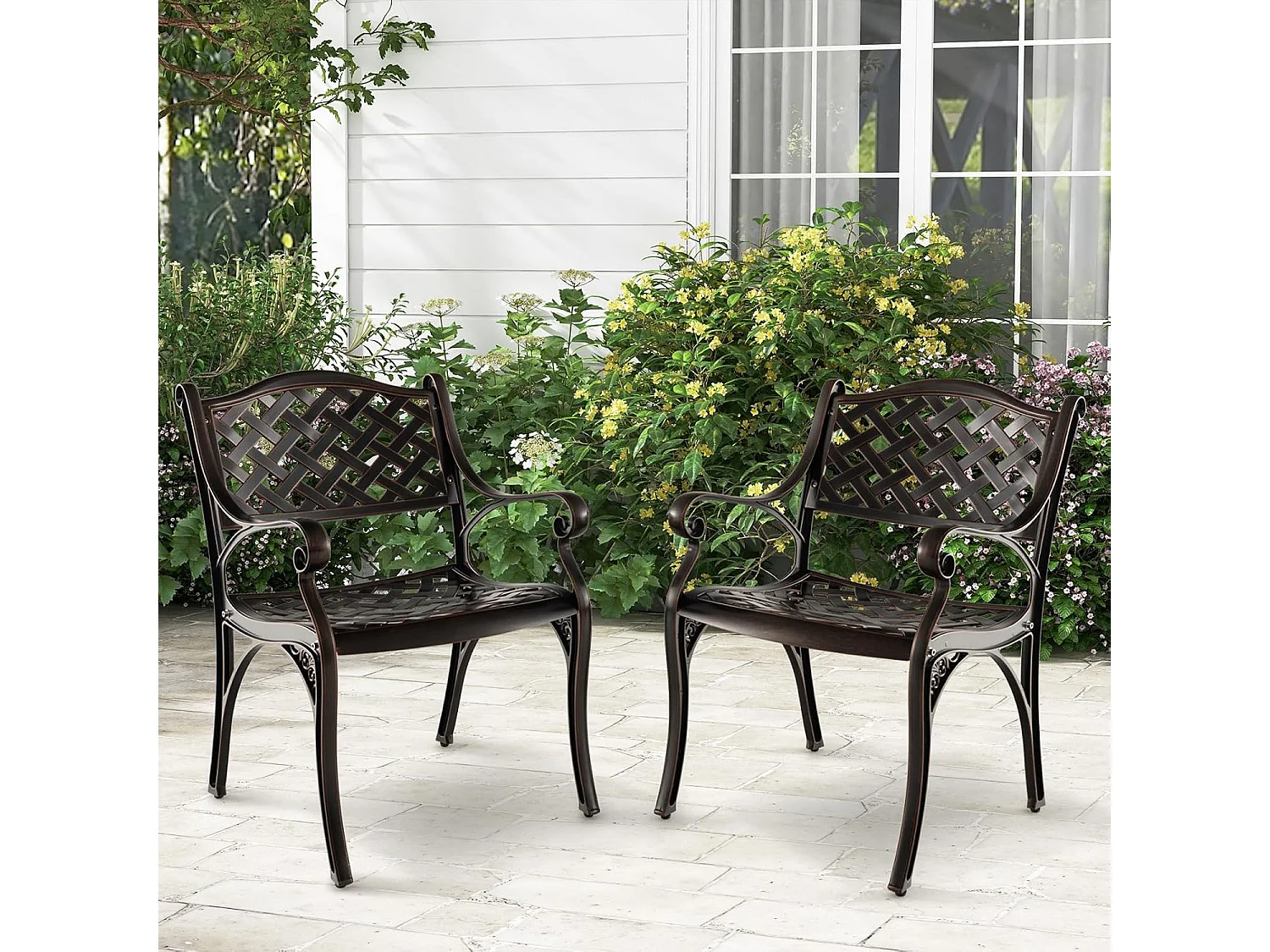 Set van 2 tuinstoelen van gegoten aluminium, weerbestendige terrasstoelen met armleuningen, balkonstoelen voor tuin, balkon, achtertuin ZB33680