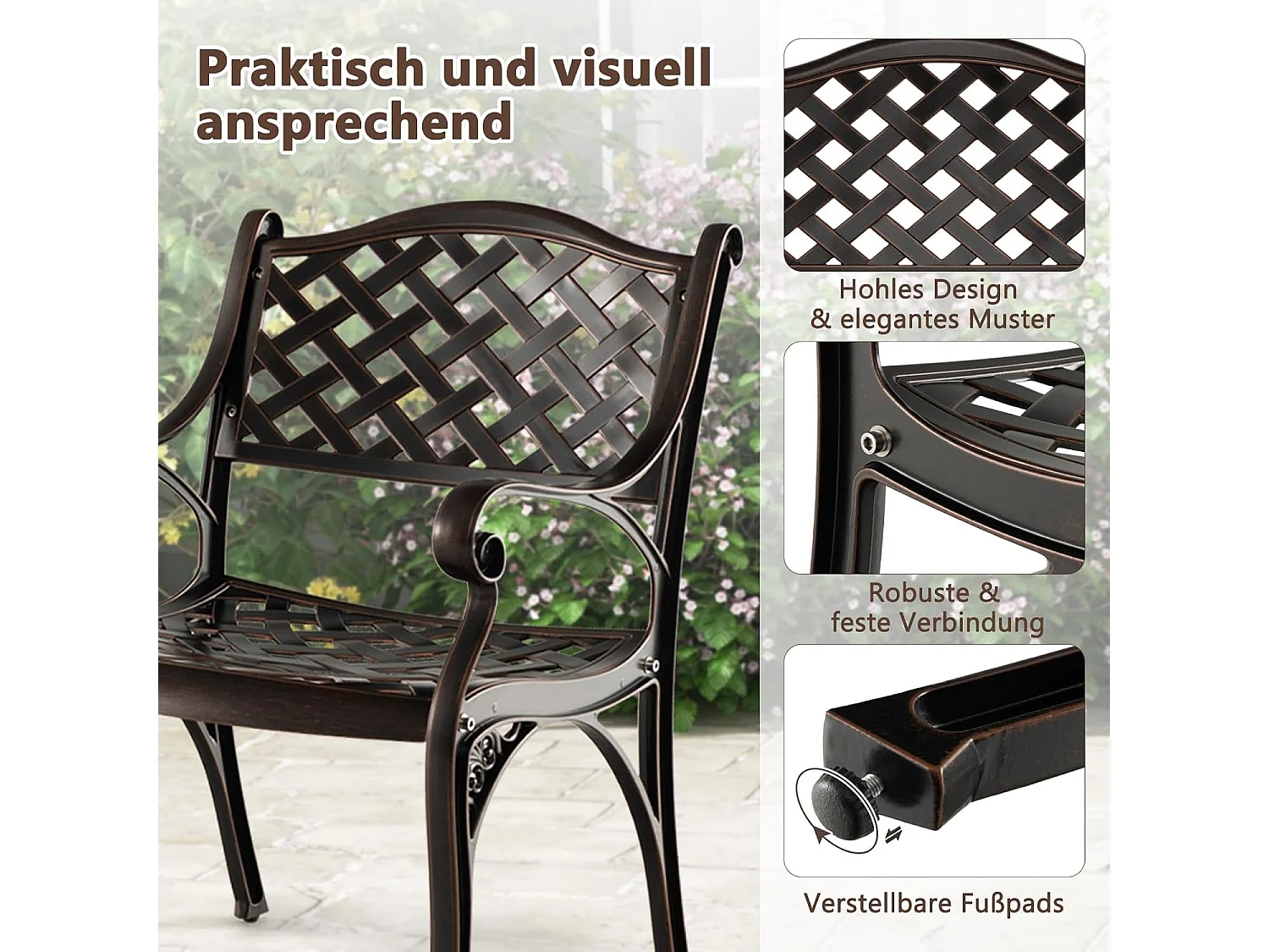 Set van 2 tuinstoelen van gegoten aluminium, weerbestendige terrasstoelen met armleuningen, balkonstoelen voor tuin, balkon, achtertuin ZB33680