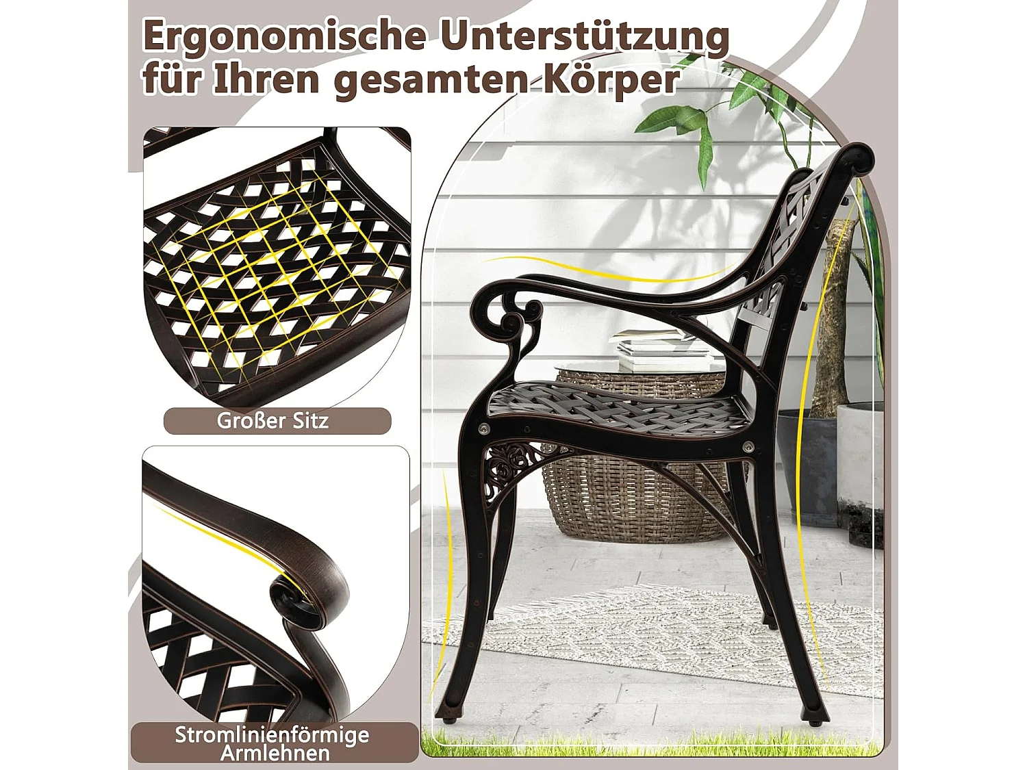 Set van 2 tuinstoelen van gegoten aluminium, weerbestendige terrasstoelen met armleuningen, balkonstoelen voor tuin, balkon, achtertuin ZB33680