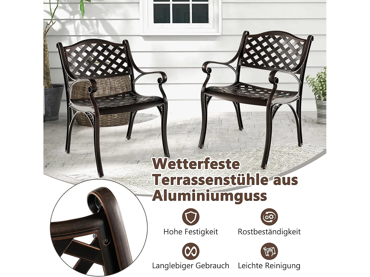 Set van 2 tuinstoelen van gegoten aluminium, weerbestendige terrasstoelen met armleuningen, balkonstoelen voor tuin, balkon, achtertuin ZB33680