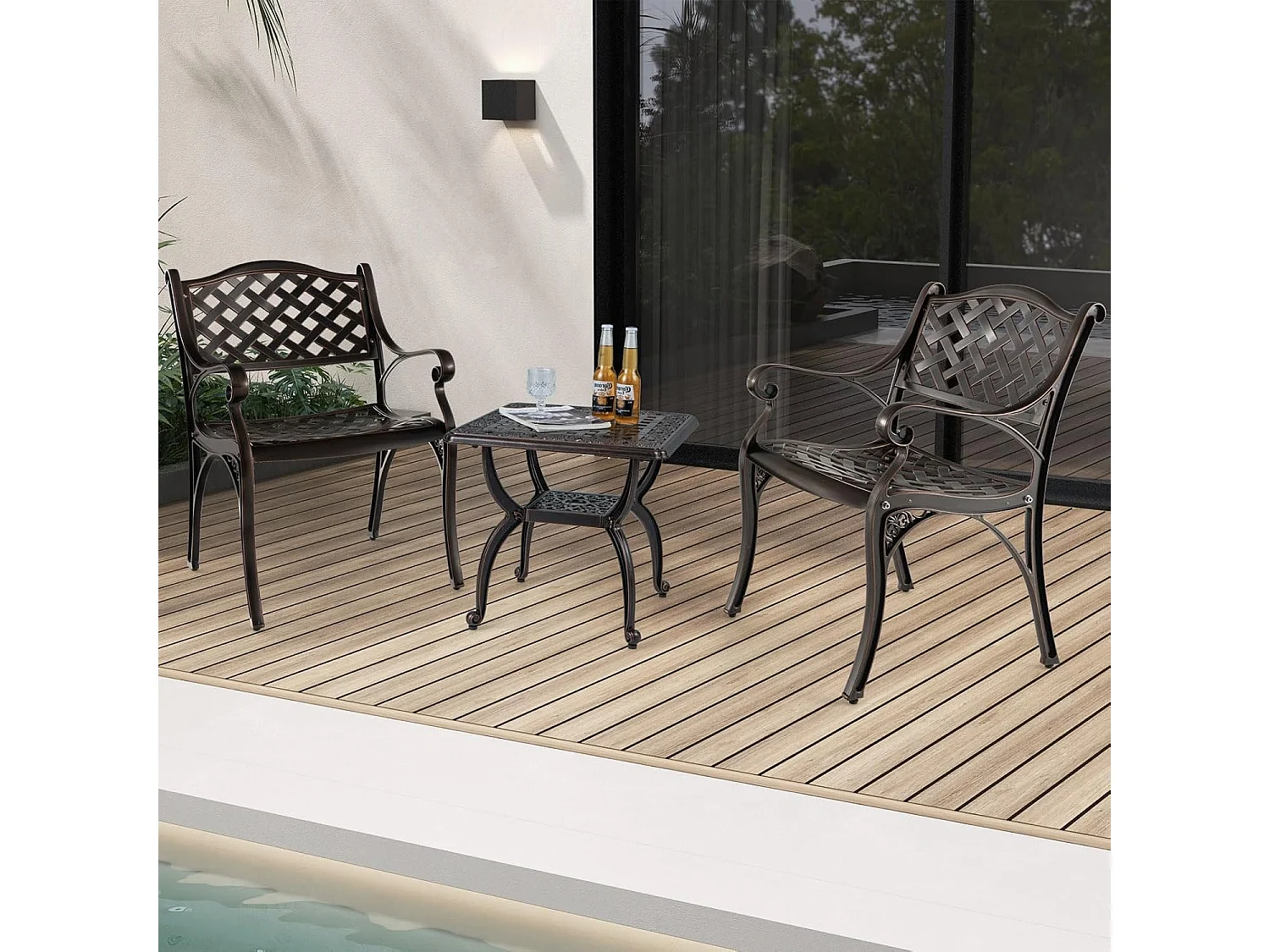 Set van 2 tuinstoelen van gegoten aluminium, weerbestendige terrasstoelen met armleuningen, balkonstoelen voor tuin, balkon, achtertuin ZB33680