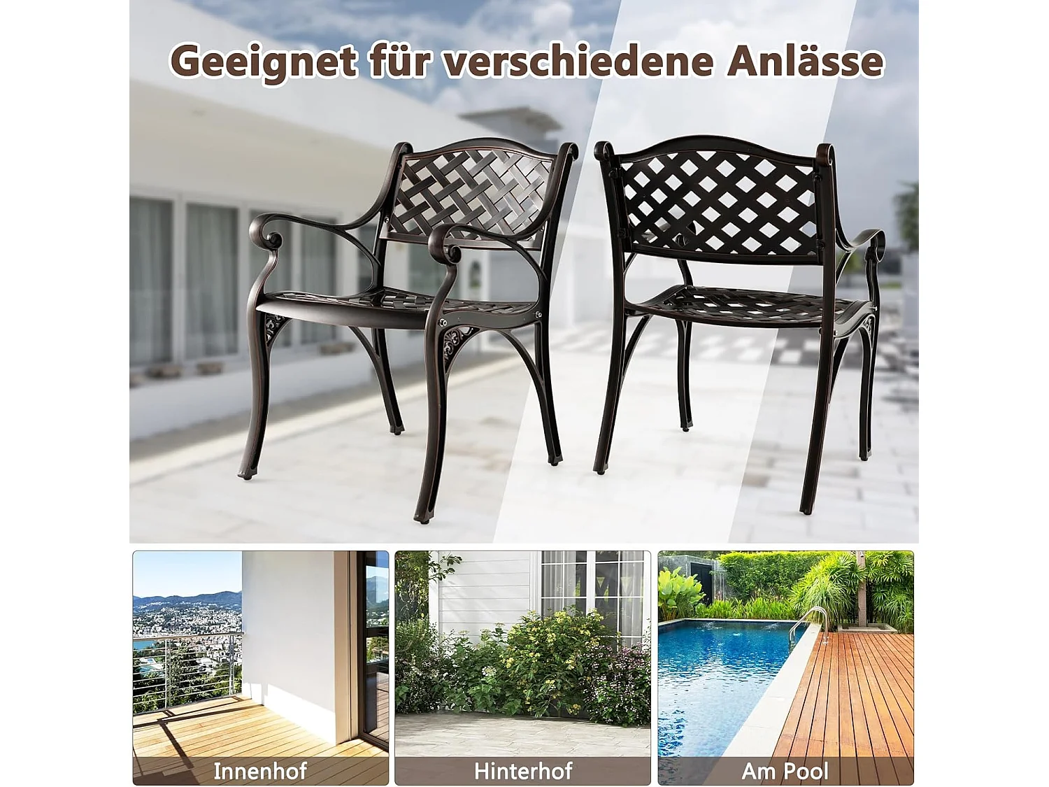 Set van 2 tuinstoelen van gegoten aluminium, weerbestendige terrasstoelen met armleuningen, balkonstoelen voor tuin, balkon, achtertuin ZB33680
