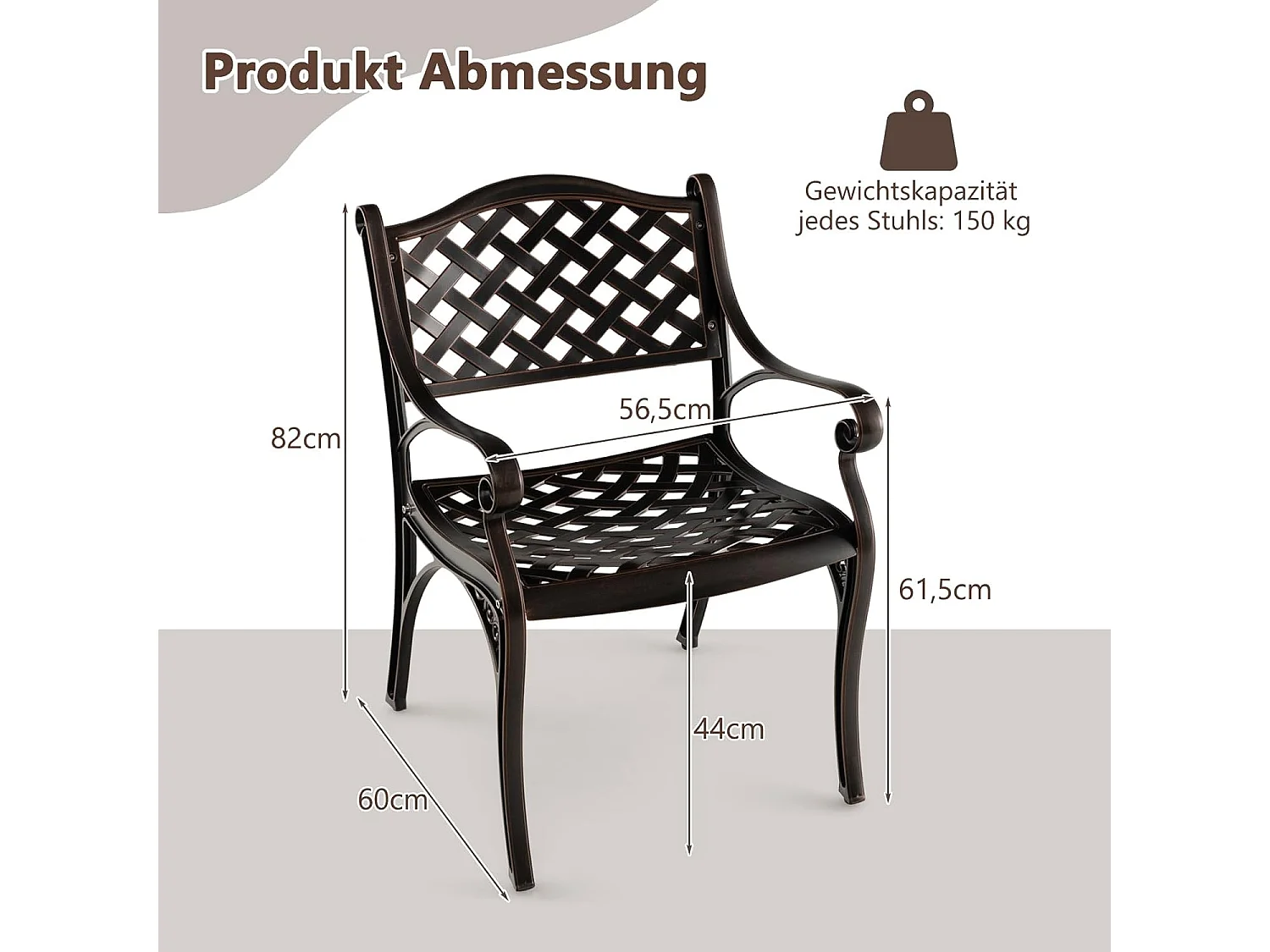 Set van 2 tuinstoelen van gegoten aluminium, weerbestendige terrasstoelen met armleuningen, balkonstoelen voor tuin, balkon, achtertuin ZB33680