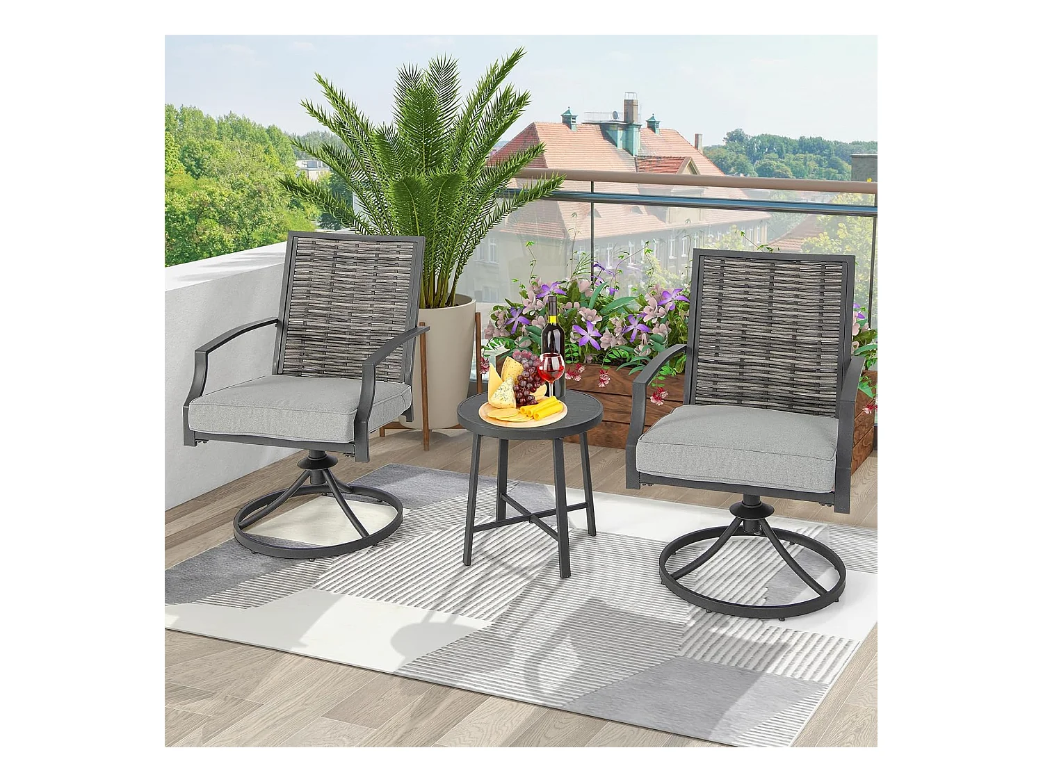 Rotan tuinmeubelset, balkonmeubelen incl. 2 stoelen met draaifunctie, kussen & tafel, balkonset, terrasmeubels, tuingarnituur, zitgroep voor tuin, balkon, terras