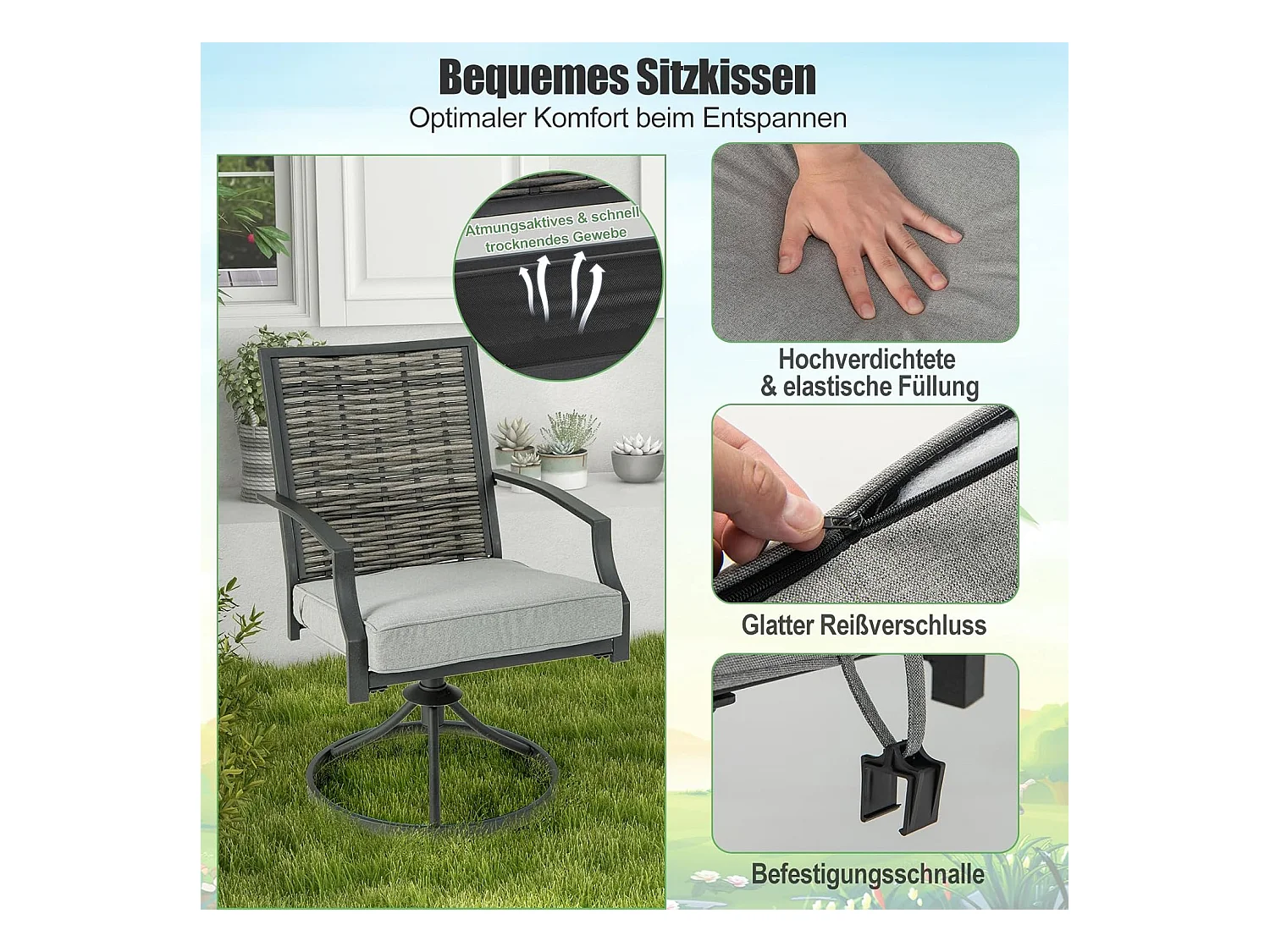 Rotan tuinmeubelset, balkonmeubelen incl. 2 stoelen met draaifunctie, kussen & tafel, balkonset, terrasmeubels, tuingarnituur, zitgroep voor tuin, balkon, terras