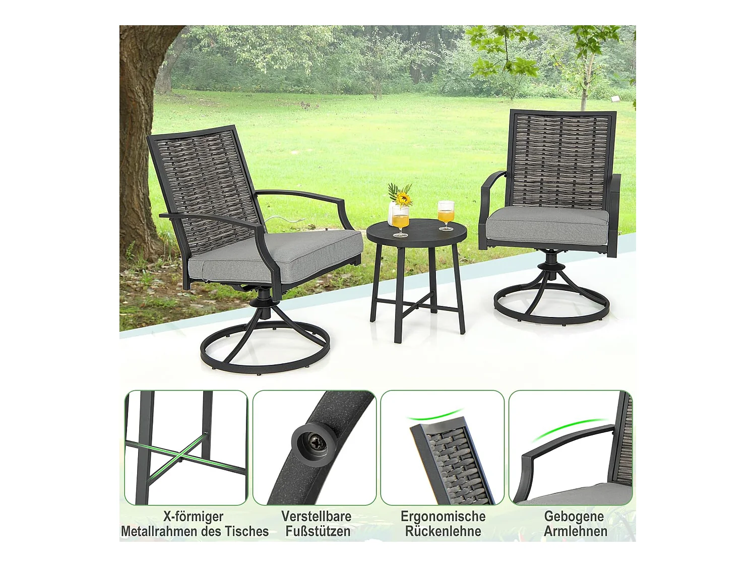 Rotan tuinmeubelset, balkonmeubelen incl. 2 stoelen met draaifunctie, kussen & tafel, balkonset, terrasmeubels, tuingarnituur, zitgroep voor tuin, balkon, terras