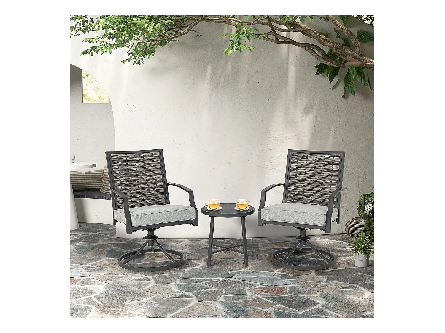 Rotan tuinmeubelset, balkonmeubelen incl. 2 stoelen met draaifunctie, kussen & tafel, balkonset, terrasmeubels, tuingarnituur, zitgroep voor tuin, balkon, terras