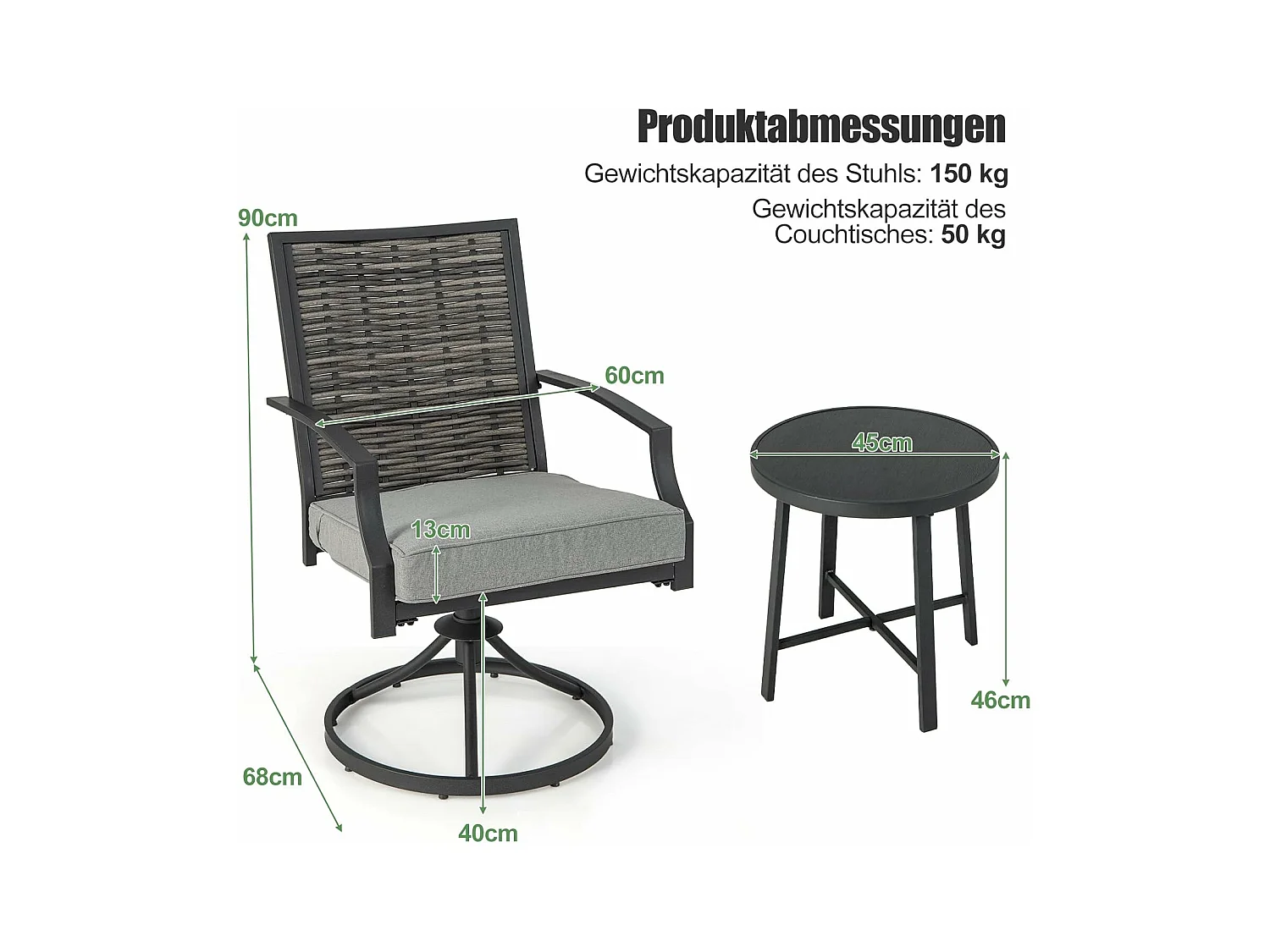 Rotan tuinmeubelset, balkonmeubelen incl. 2 stoelen met draaifunctie, kussen & tafel, balkonset, terrasmeubels, tuingarnituur, zitgroep voor tuin, balkon, terras