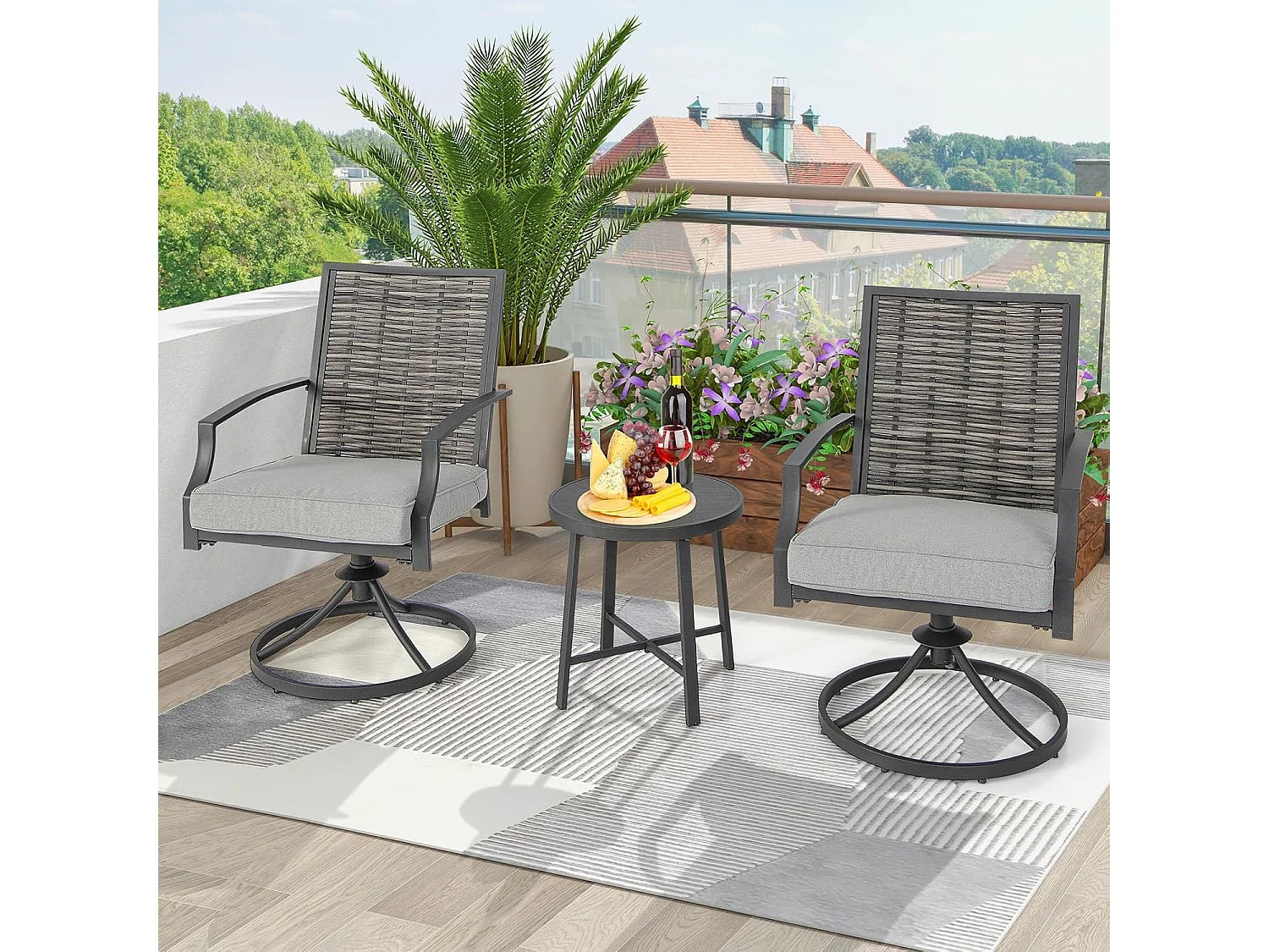 Rotan tuinmeubelset, balkonmeubelen incl. 2 stoelen met draaifunctie, kussen & tafel, balkonset, terrasmeubels, tuingarnituur, zitgroep voor tuin, balkon, terras