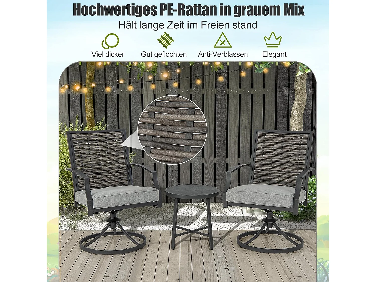 Rotan tuinmeubelset, balkonmeubelen incl. 2 stoelen met draaifunctie, kussen & tafel, balkonset, terrasmeubels, tuingarnituur, zitgroep voor tuin, balkon, terras