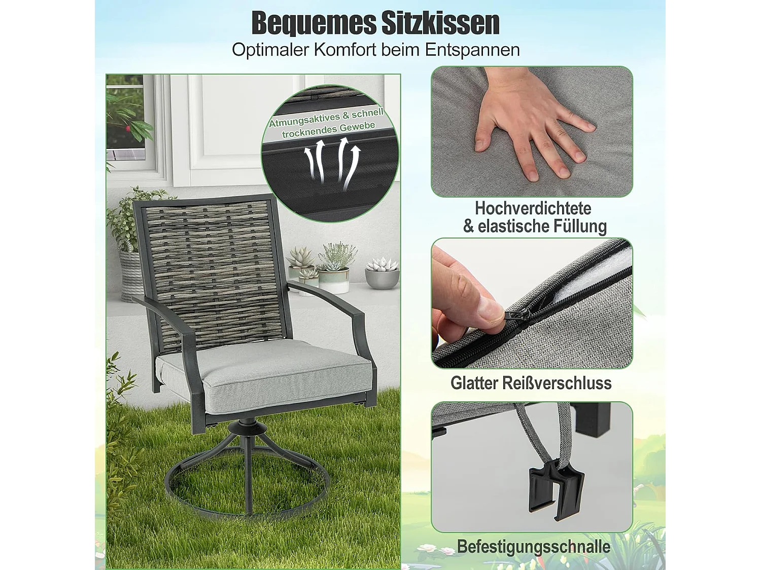 Rotan tuinmeubelset, balkonmeubelen incl. 2 stoelen met draaifunctie, kussen & tafel, balkonset, terrasmeubels, tuingarnituur, zitgroep voor tuin, balkon, terras
