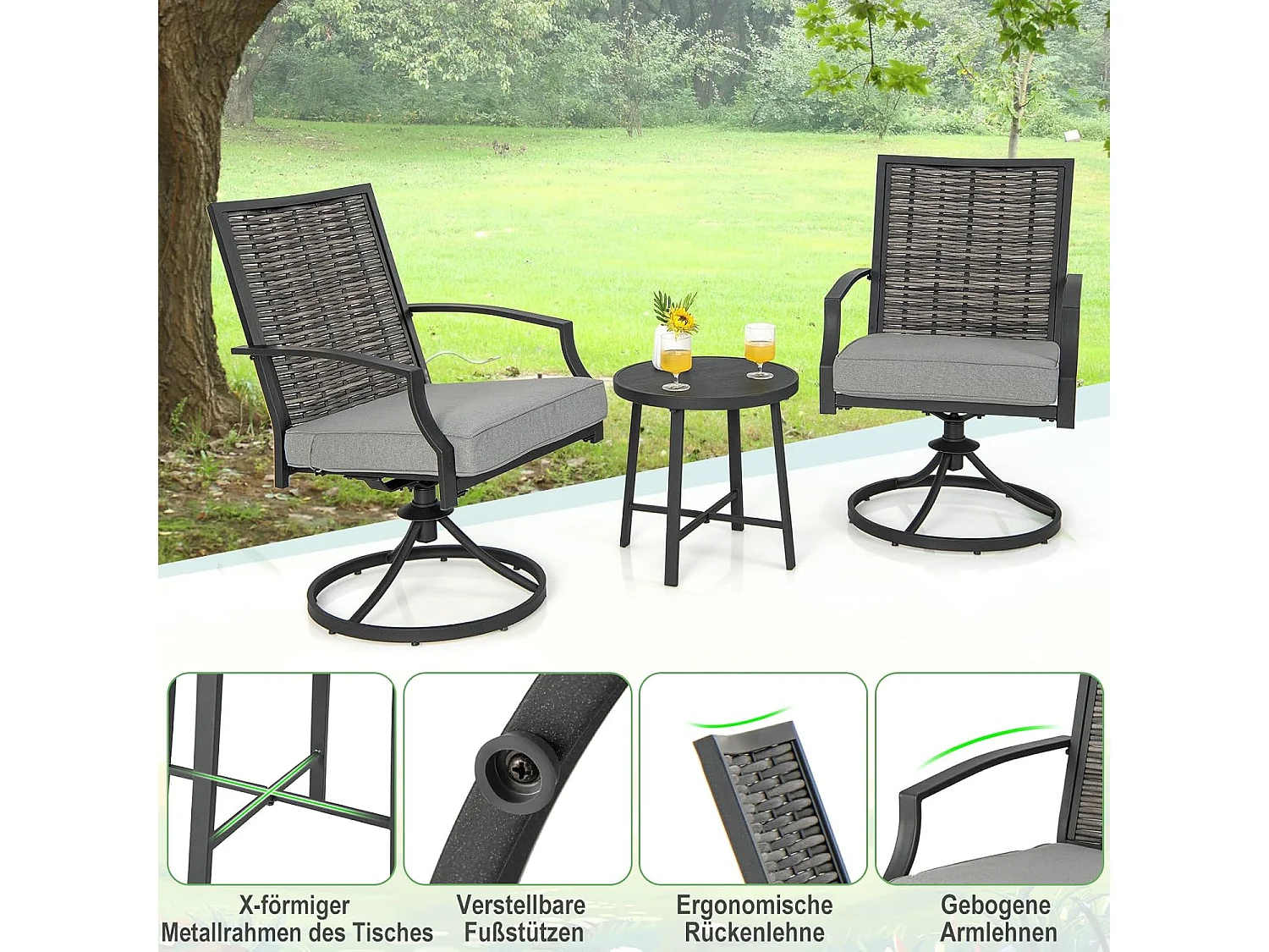 Rotan tuinmeubelset, balkonmeubelen incl. 2 stoelen met draaifunctie, kussen & tafel, balkonset, terrasmeubels, tuingarnituur, zitgroep voor tuin, balkon, terras