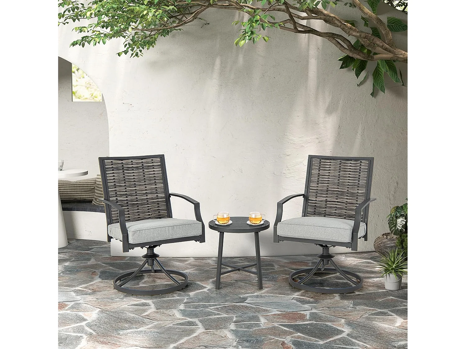 Rotan tuinmeubelset, balkonmeubelen incl. 2 stoelen met draaifunctie, kussen & tafel, balkonset, terrasmeubels, tuingarnituur, zitgroep voor tuin, balkon, terras