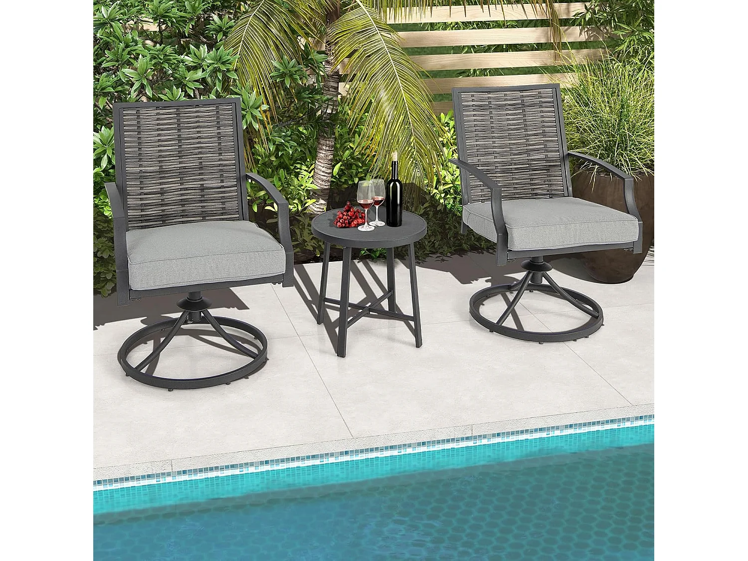 Rotan tuinmeubelset, balkonmeubelen incl. 2 stoelen met draaifunctie, kussen & tafel, balkonset, terrasmeubels, tuingarnituur, zitgroep voor tuin, balkon, terras