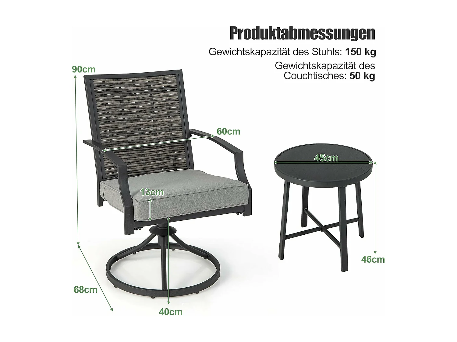 Rotan tuinmeubelset, balkonmeubelen incl. 2 stoelen met draaifunctie, kussen & tafel, balkonset, terrasmeubels, tuingarnituur, zitgroep voor tuin, balkon, terras