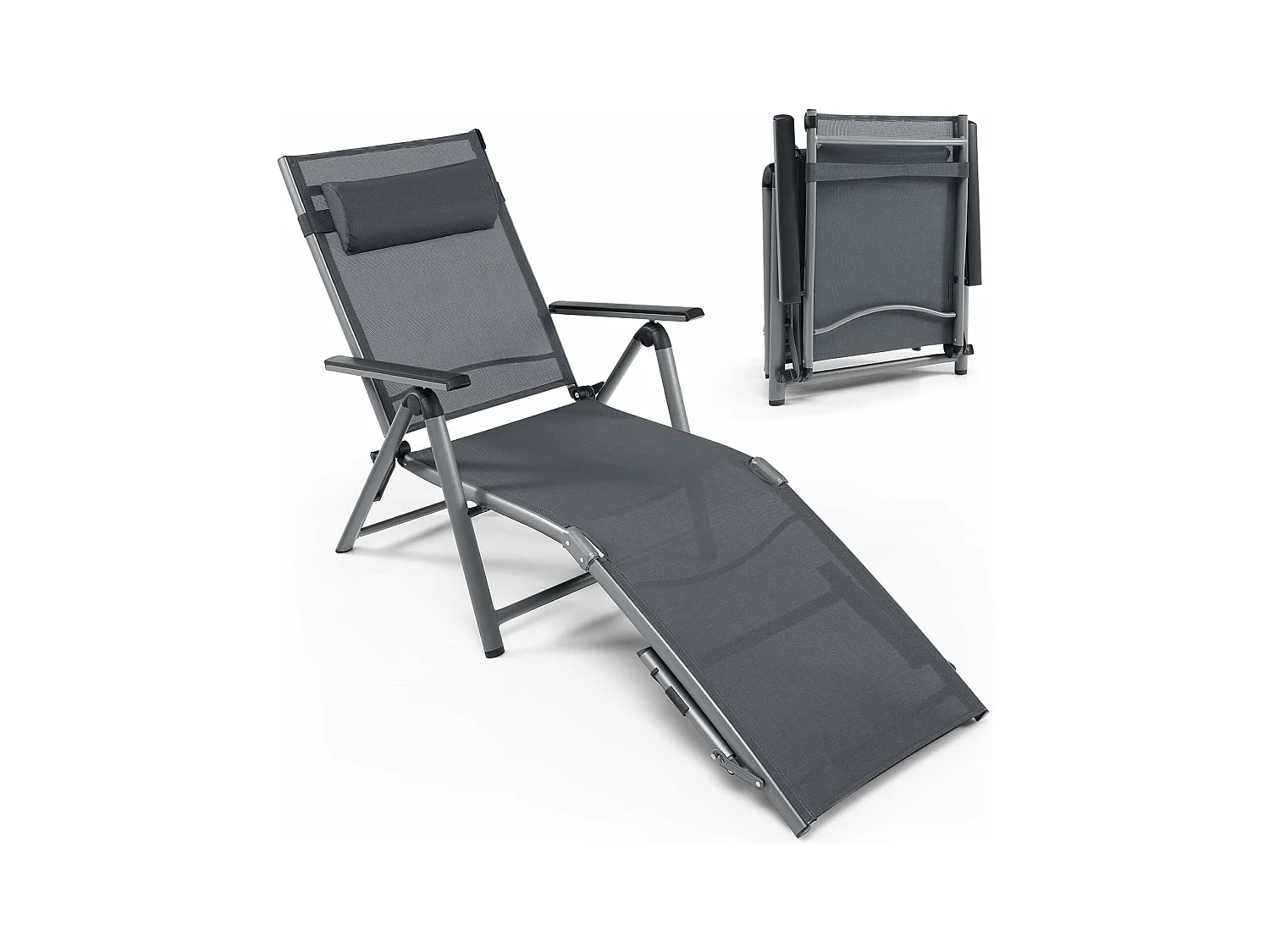 Inklapbare ligstoel, aluminium ligstoel met 8-traps rugleuning verstelbaar, hoofdkussen en verstelbare voeteneinde, outdoor ligstoel met sneldrogende stof
