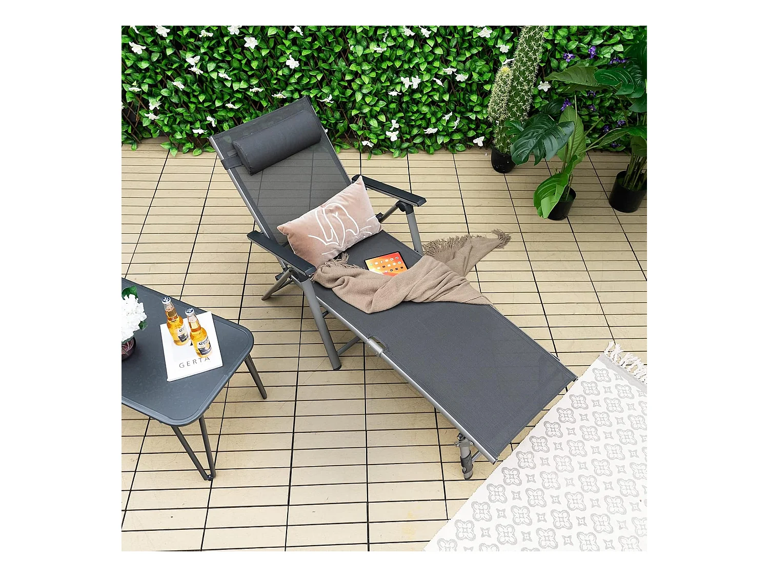 Inklapbare ligstoel, aluminium ligstoel met 8-traps rugleuning verstelbaar, hoofdkussen en verstelbare voeteneinde, outdoor ligstoel met sneldrogende stof