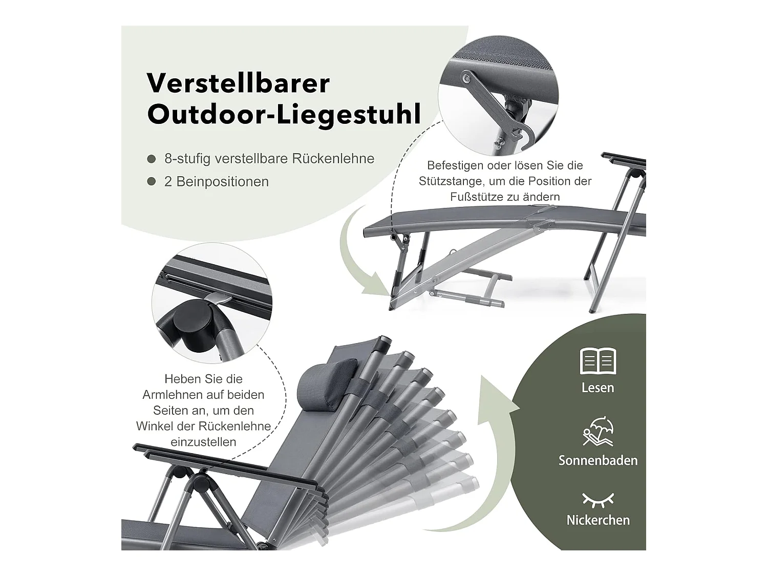 Inklapbare ligstoel, aluminium ligstoel met 8-traps rugleuning verstelbaar, hoofdkussen en verstelbare voeteneinde, outdoor ligstoel met sneldrogende stof