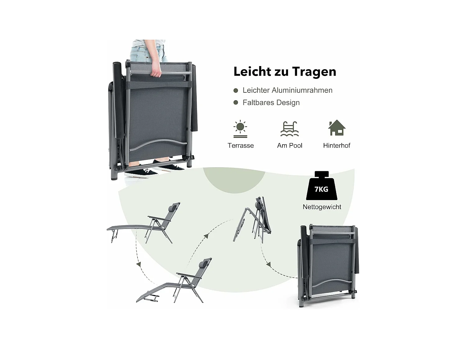 Inklapbare ligstoel, aluminium ligstoel met 8-traps rugleuning verstelbaar, hoofdkussen en verstelbare voeteneinde, outdoor ligstoel met sneldrogende stof