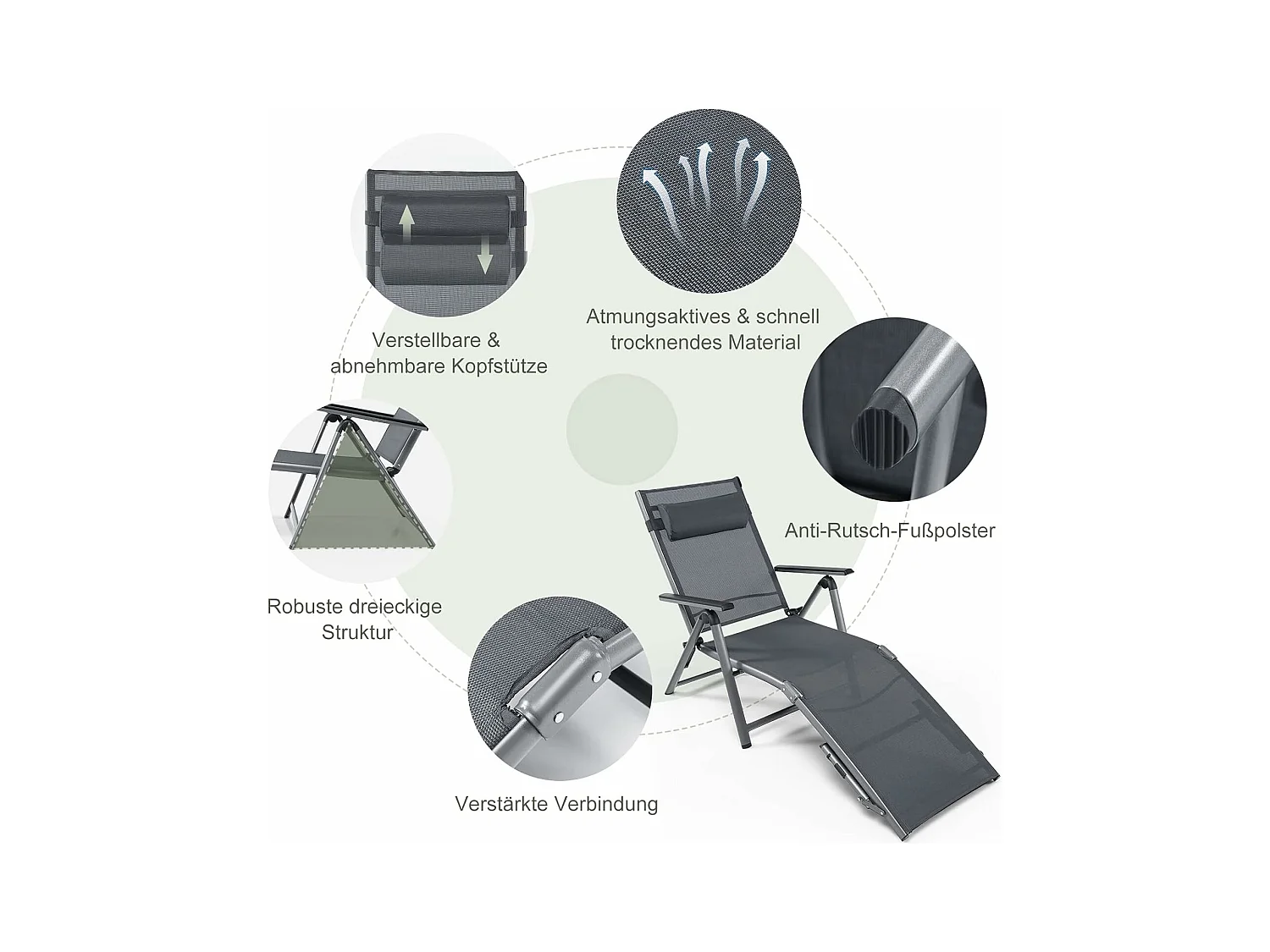 Inklapbare ligstoel, aluminium ligstoel met 8-traps rugleuning verstelbaar, hoofdkussen en verstelbare voeteneinde, outdoor ligstoel met sneldrogende stof
