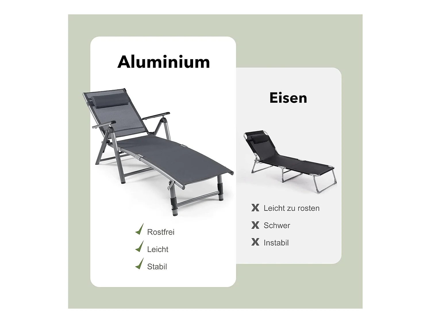 Inklapbare ligstoel, aluminium ligstoel met 8-traps rugleuning verstelbaar, hoofdkussen en verstelbare voeteneinde, outdoor ligstoel met sneldrogende stof