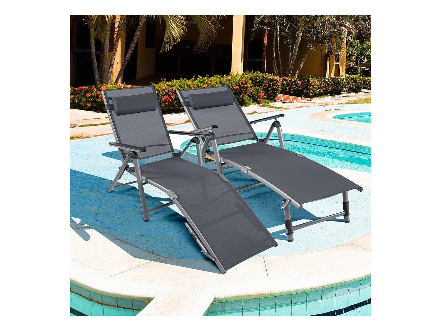 Inklapbare ligstoel, aluminium ligstoel met 8-traps rugleuning verstelbaar, hoofdkussen en verstelbare voeteneinde, outdoor ligstoel met sneldrogende stof