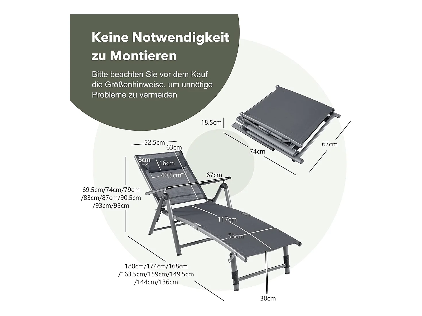 Inklapbare ligstoel, aluminium ligstoel met 8-traps rugleuning verstelbaar, hoofdkussen en verstelbare voeteneinde, outdoor ligstoel met sneldrogende stof
