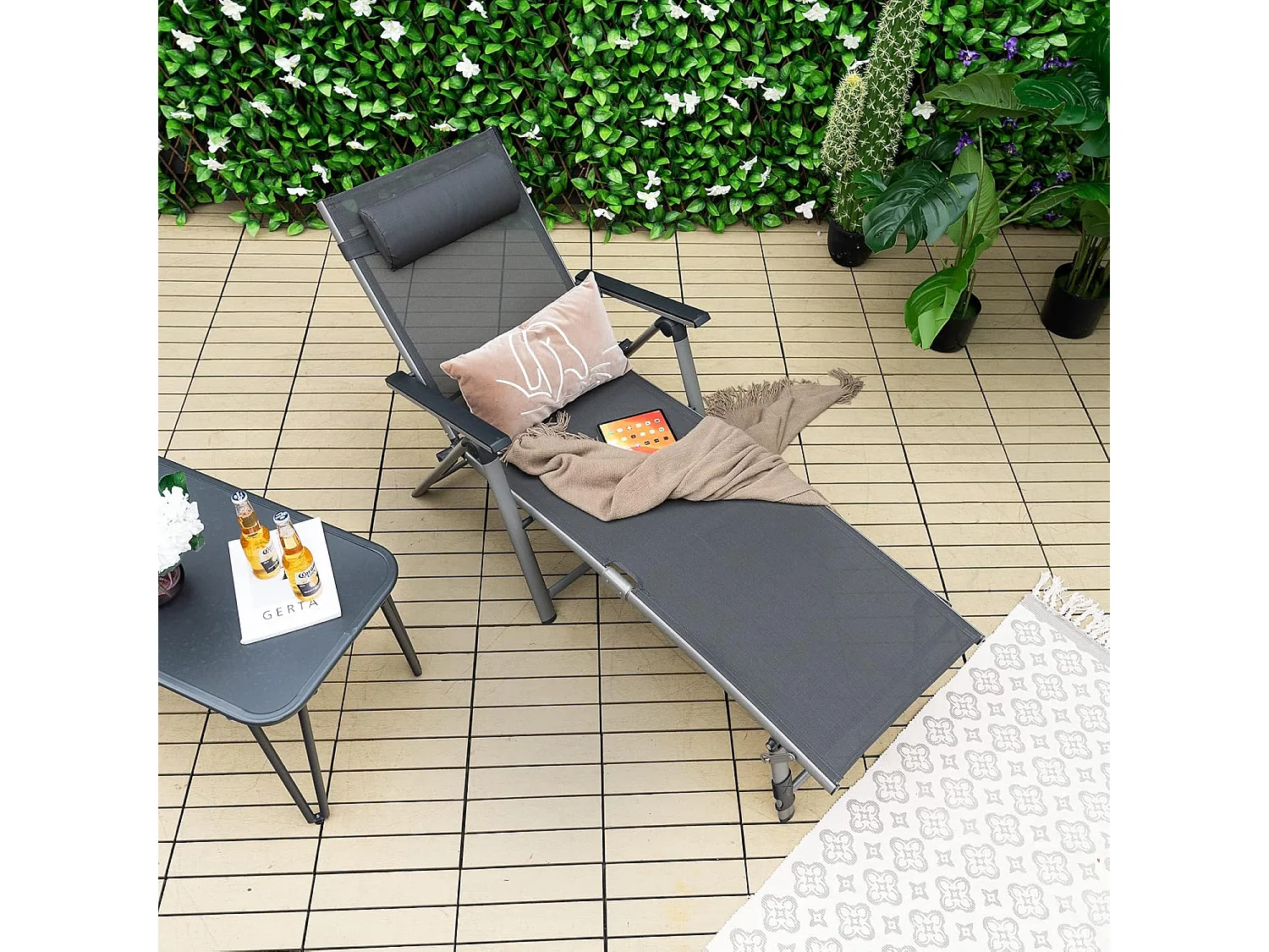 Inklapbare ligstoel, aluminium ligstoel met 8-traps rugleuning verstelbaar, hoofdkussen en verstelbare voeteneinde, outdoor ligstoel met sneldrogende stof