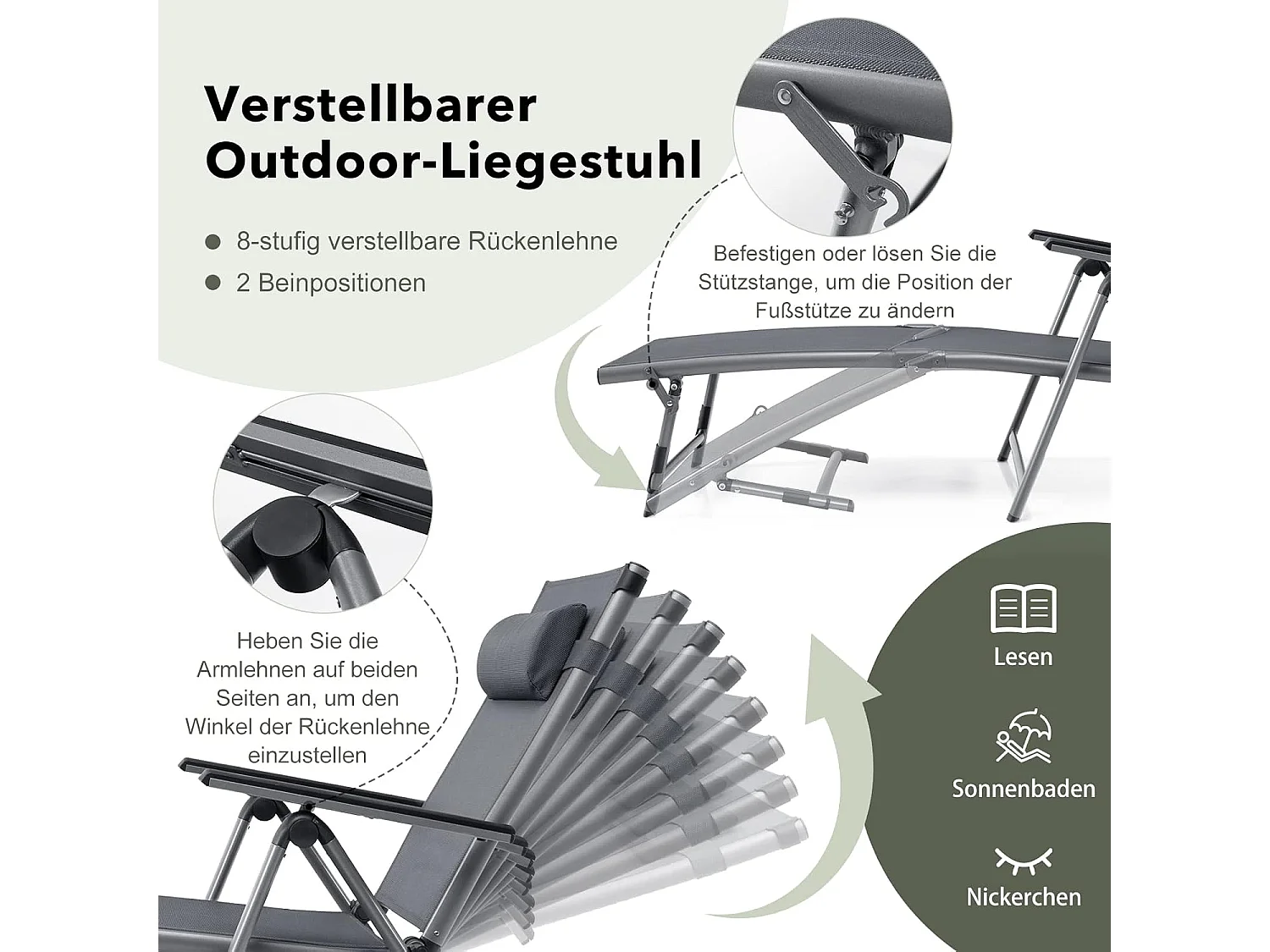 Inklapbare ligstoel, aluminium ligstoel met 8-traps rugleuning verstelbaar, hoofdkussen en verstelbare voeteneinde, outdoor ligstoel met sneldrogende stof