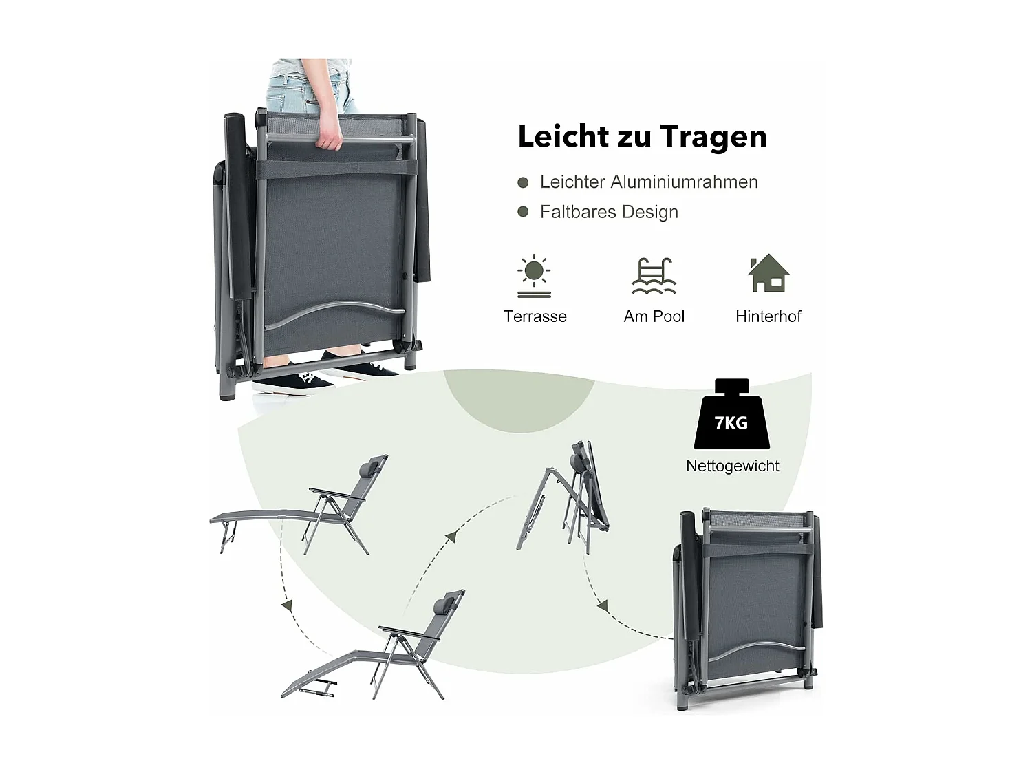 Inklapbare ligstoel, aluminium ligstoel met 8-traps rugleuning verstelbaar, hoofdkussen en verstelbare voeteneinde, outdoor ligstoel met sneldrogende stof